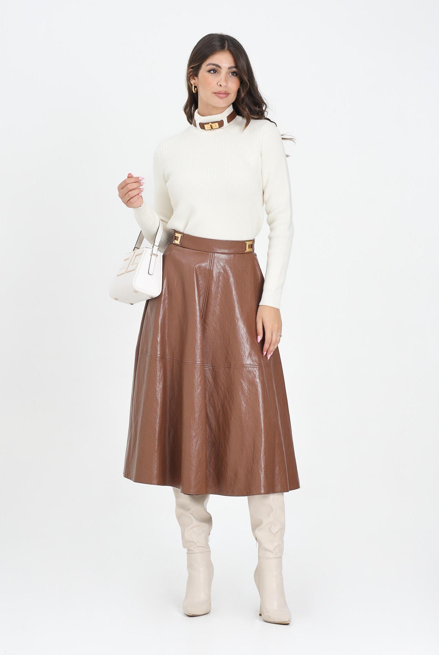 ELISABETTA FRANCHI Gonna midi cammello da donna con dettagli logo<BR/><BR/> GO13656E2 EC1 ELISABETTA FRANCHI