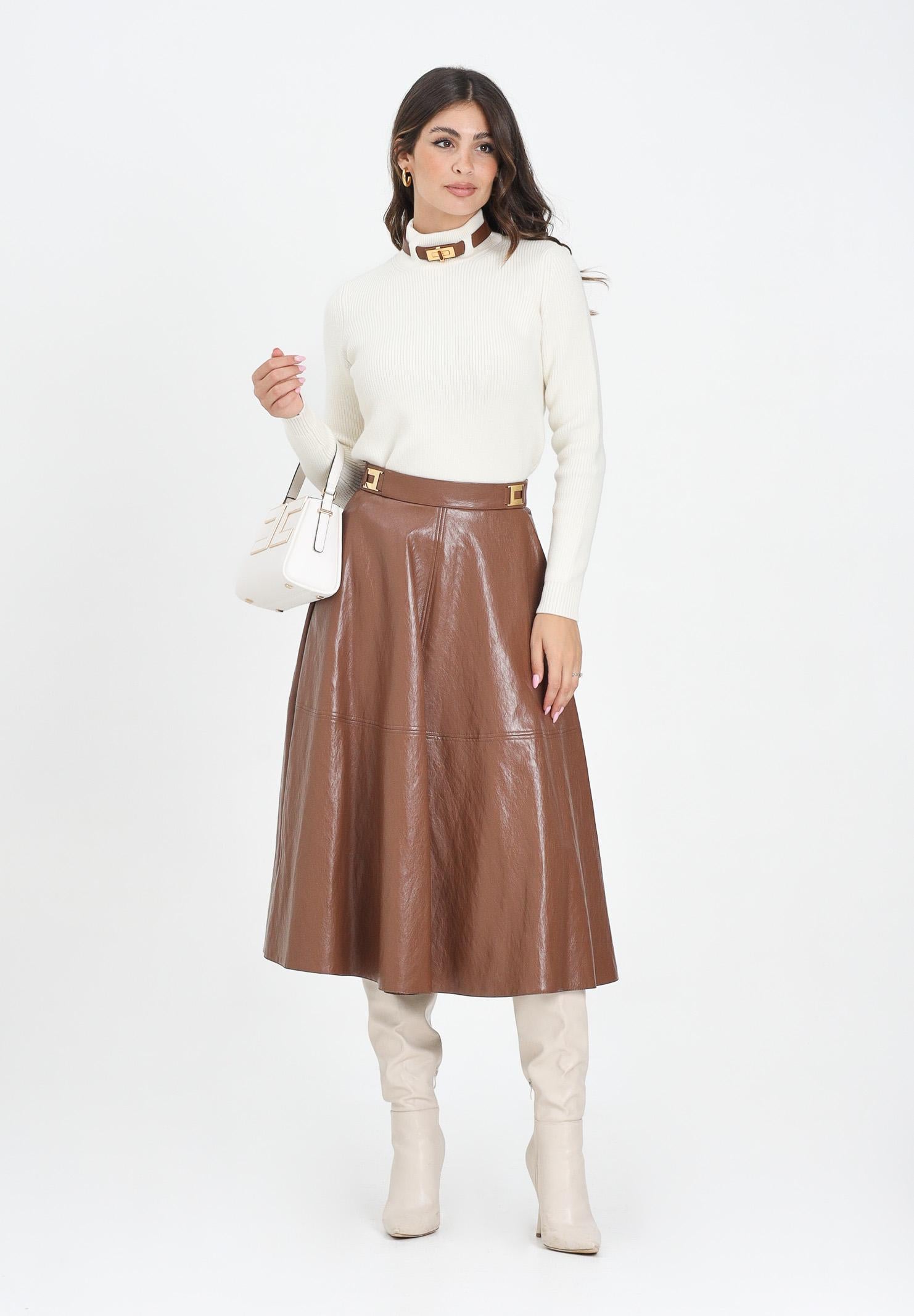 ELISABETTA FRANCHI Gonna midi cammello da donna con dettagli logo<BR/><BR/> GO13656E2 EC1 ELISABETTA FRANCHI