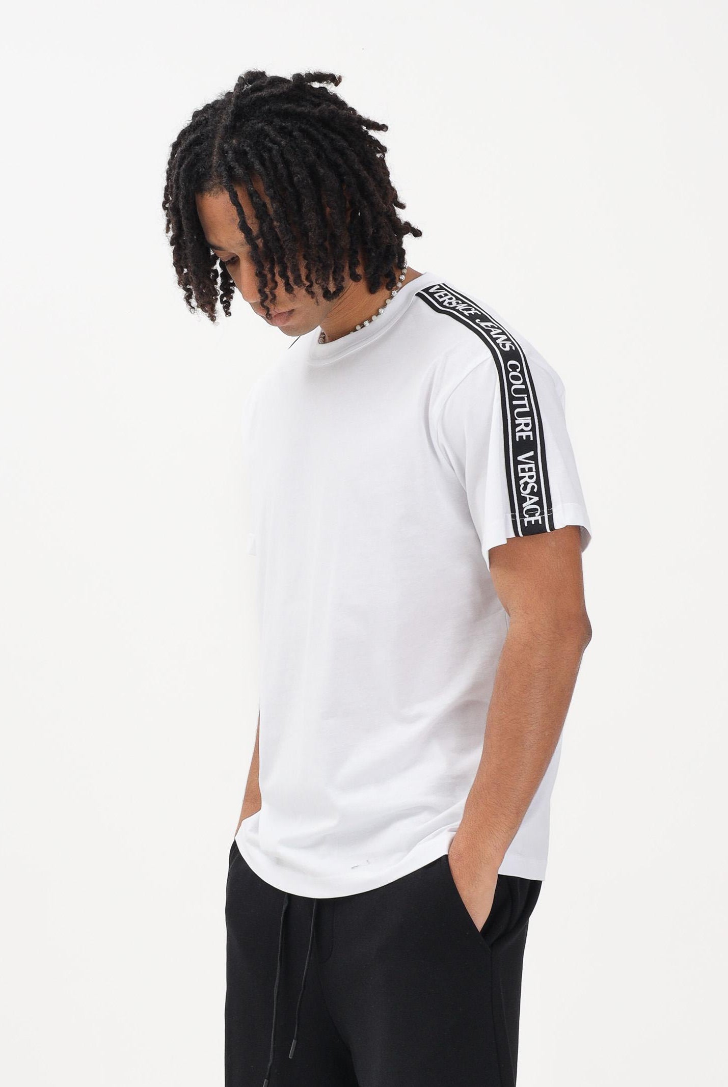 VERSACE JEANS COUTURE T-shirt a manica corta bianca da uomo con inserti logati 80GAHT16CJ00T 003 VERSACE JEANS COUTURE