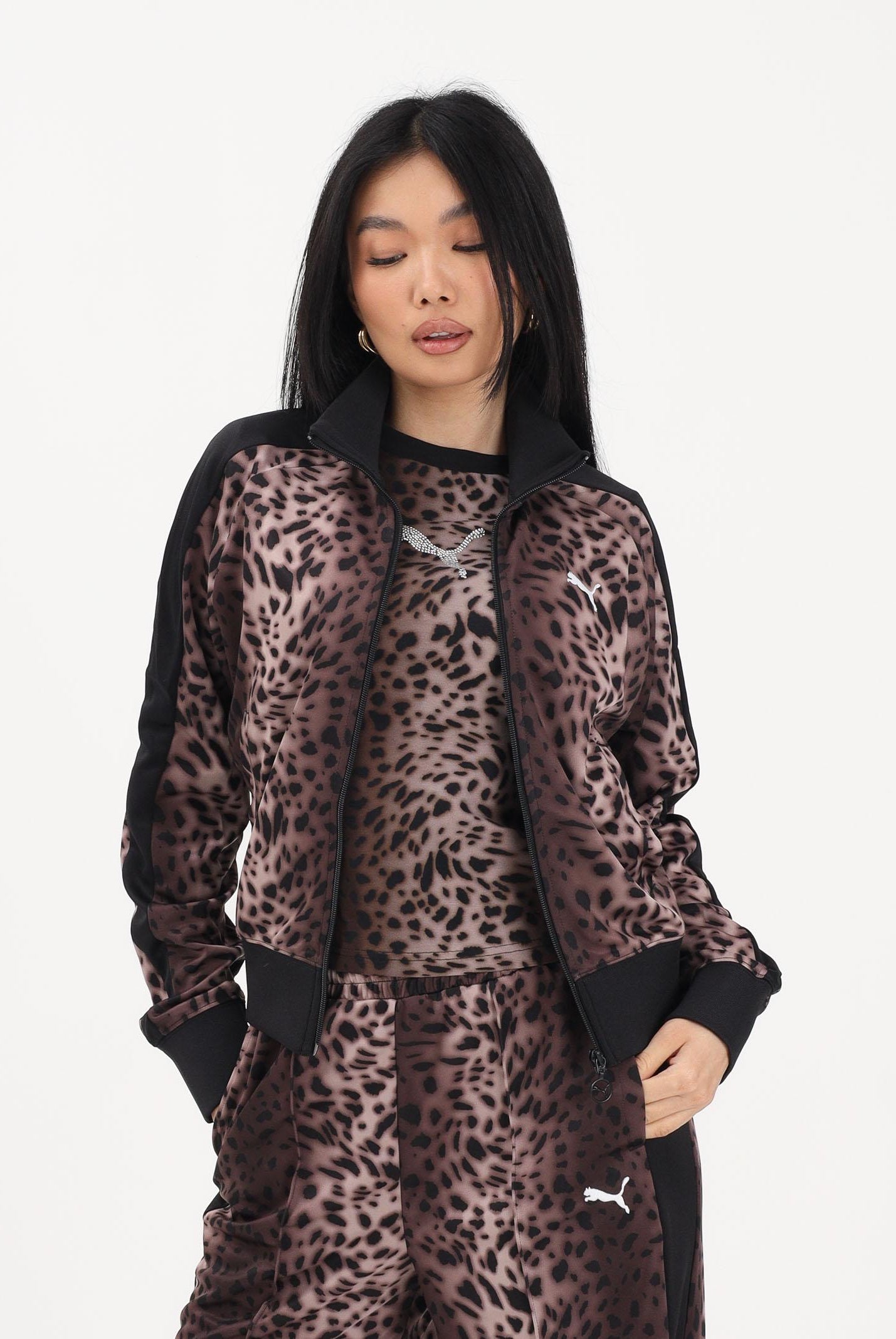 PUMA Felpa con zip T7 Leo Luxe marrone e nera da donna 634563 01 PUMA