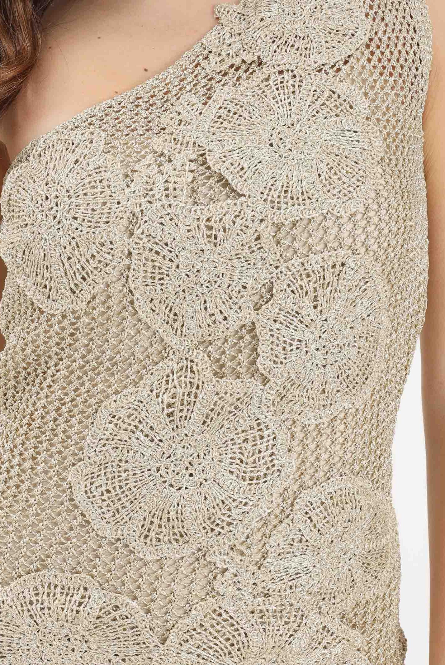 SIMONA CORSELLINI Abito corto monospalla oro da donna in maglia lavorata con inserti floreali P26CEABO5201 V0118 SIMONA CORSELLINI