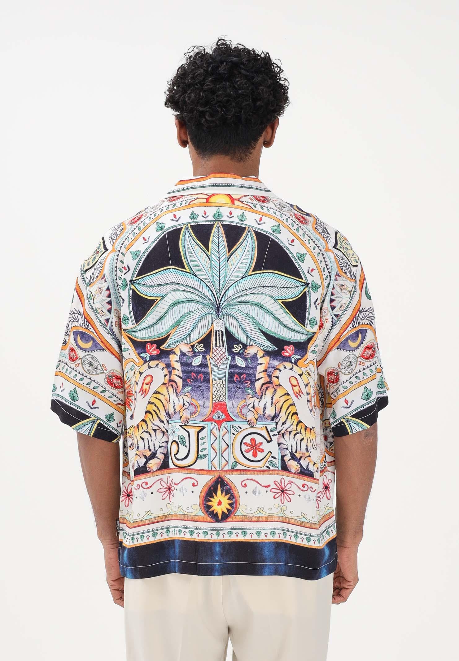 JUST CAVALLI Camicia a manica corta bianca da uomo con stampa grafica multicolor 80OALF04CNF05 004 JUST CAVALLI