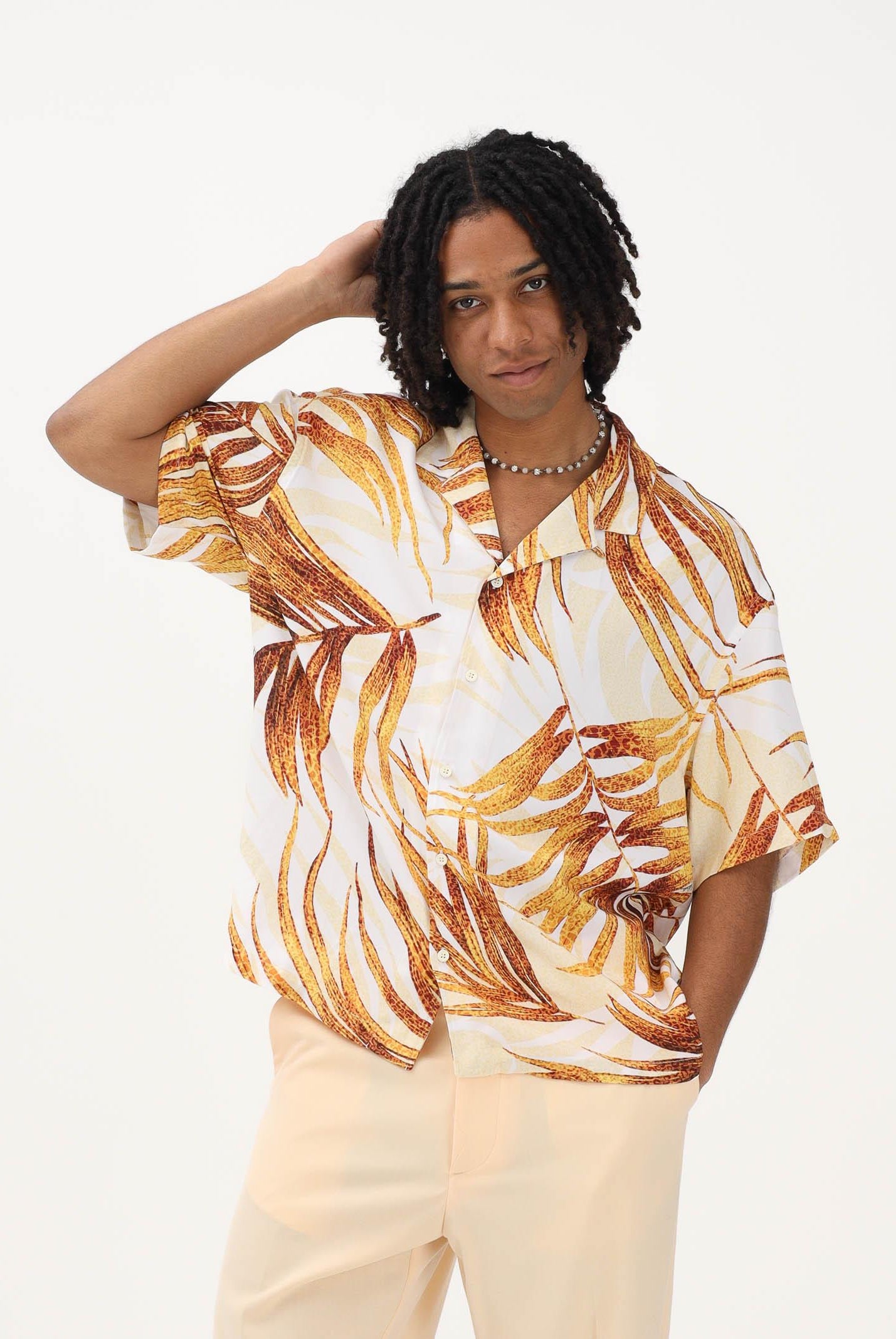 JUST CAVALLI Camicia a manica corta panna da uomo con stampa tropicale 80OALF01CNF05 R79 JUST CAVALLI