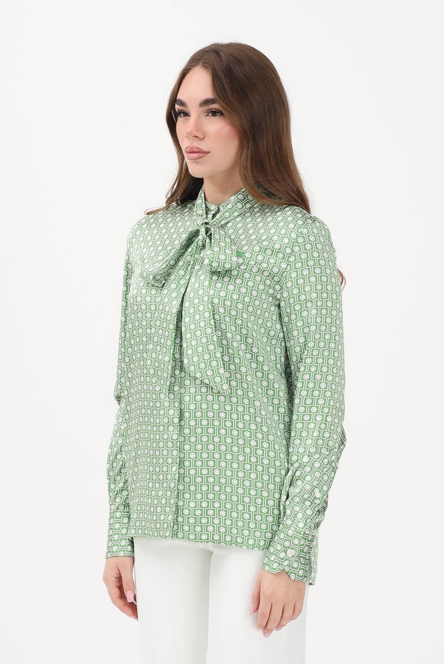 LACOSTE Camicia a manica lunga bianca e verde da donna con collo annodato staccabile CF2626 4SI LACOSTE