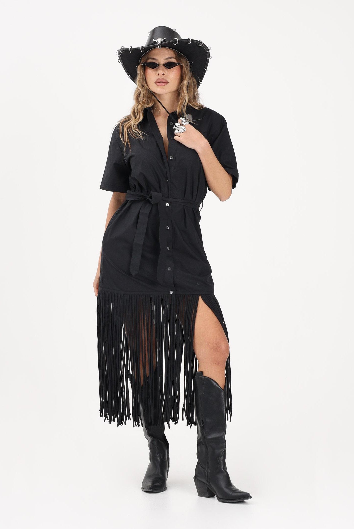 PINKO Abito midi chemisier nero da donna con frange 106827A2LD Z99 PINKO