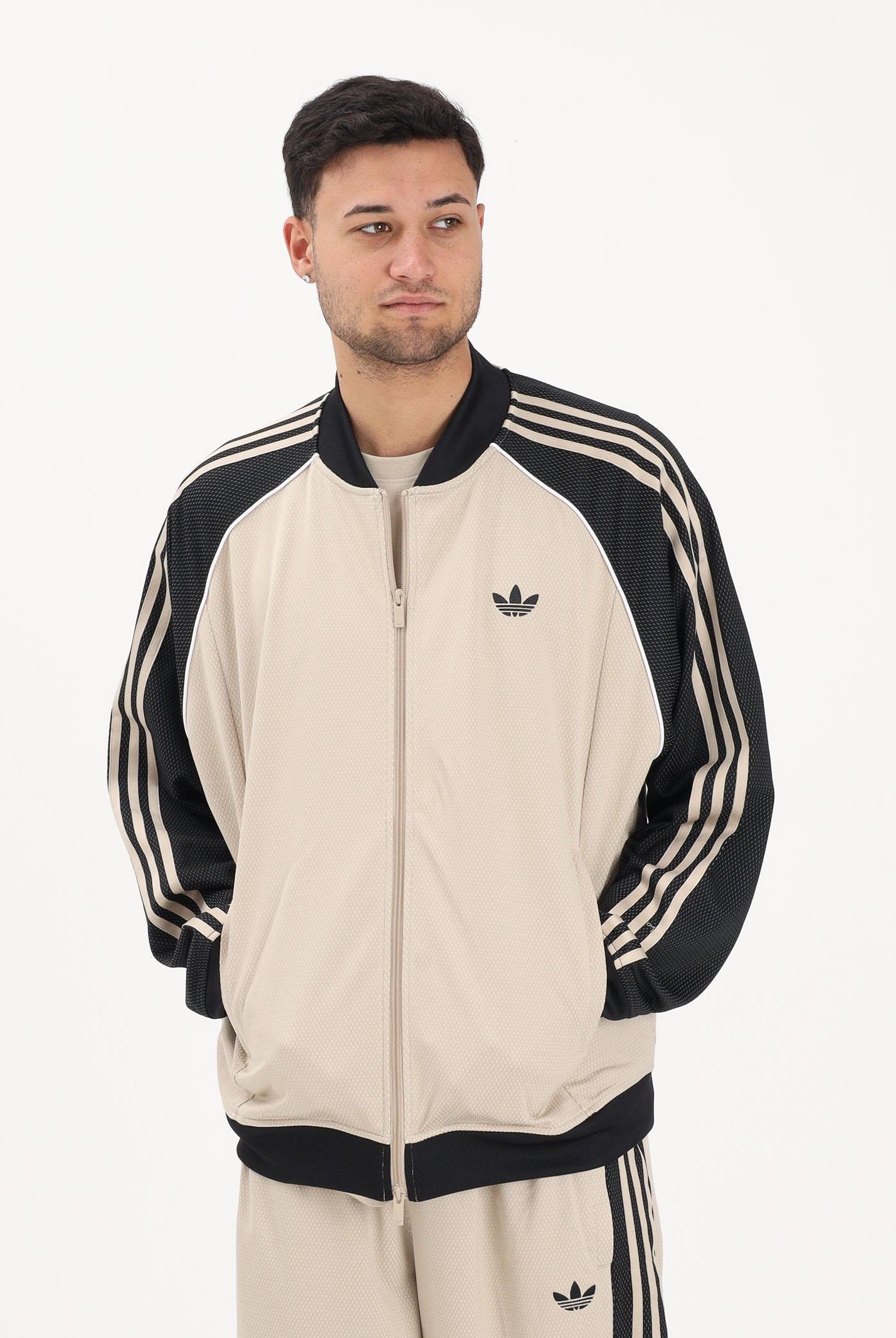 ADIDAS ORIGINALS Felpa con zip Loose Mesh beige e nera da uomo KE0114 . ADIDAS ORIGINALS