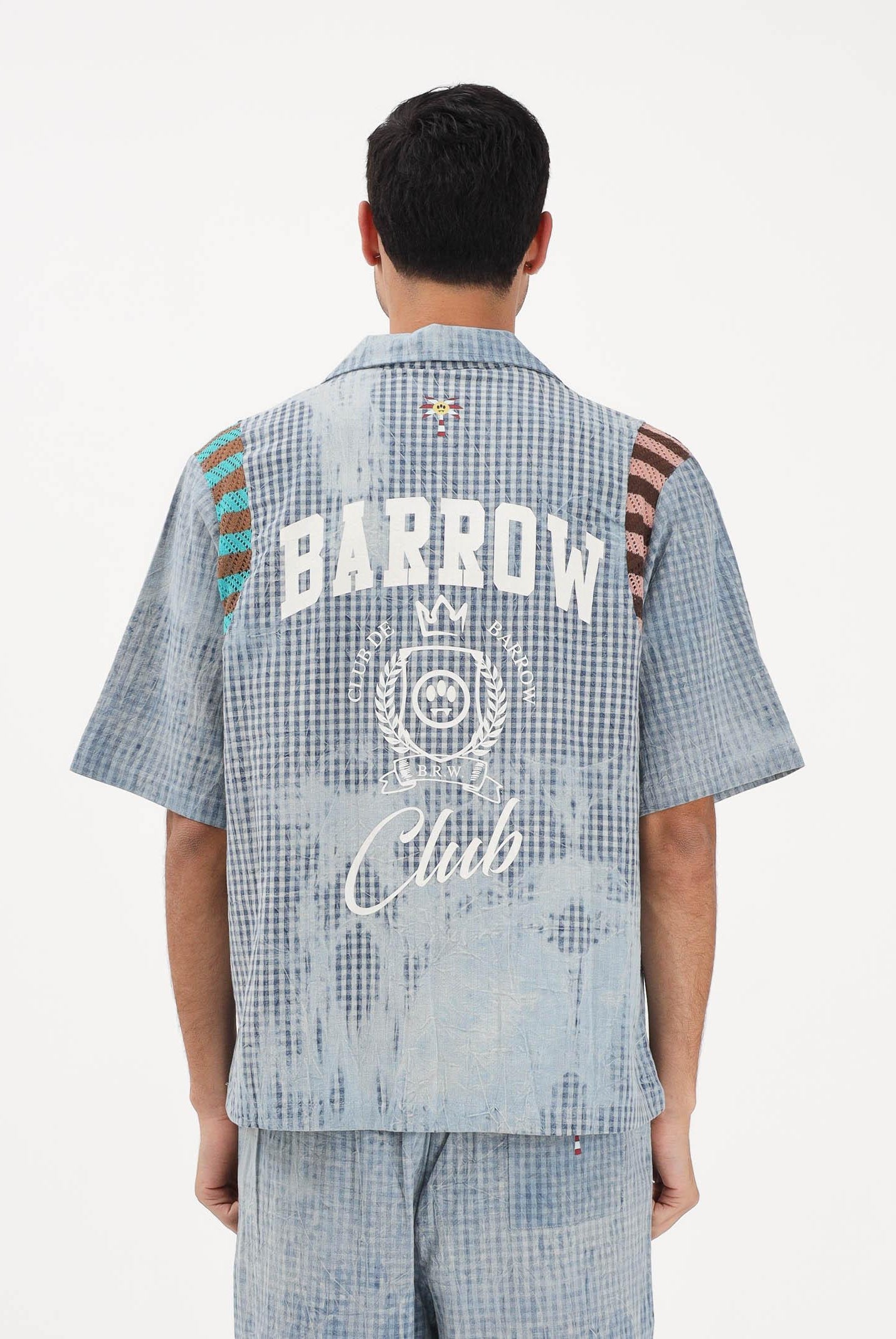 BARROW Camicia a manica corta celeste per uomo e donna con stampa micro check S6BWUASI055 172 BARROW