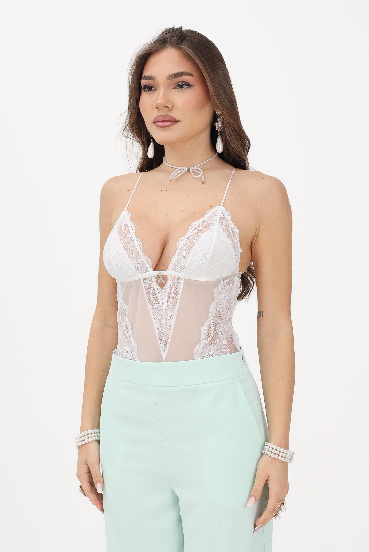 PATRIZIA PEPE Body in tulle e pizzo stretch bianco da donna 2I0143A602 W146 PATRIZIA PEPE