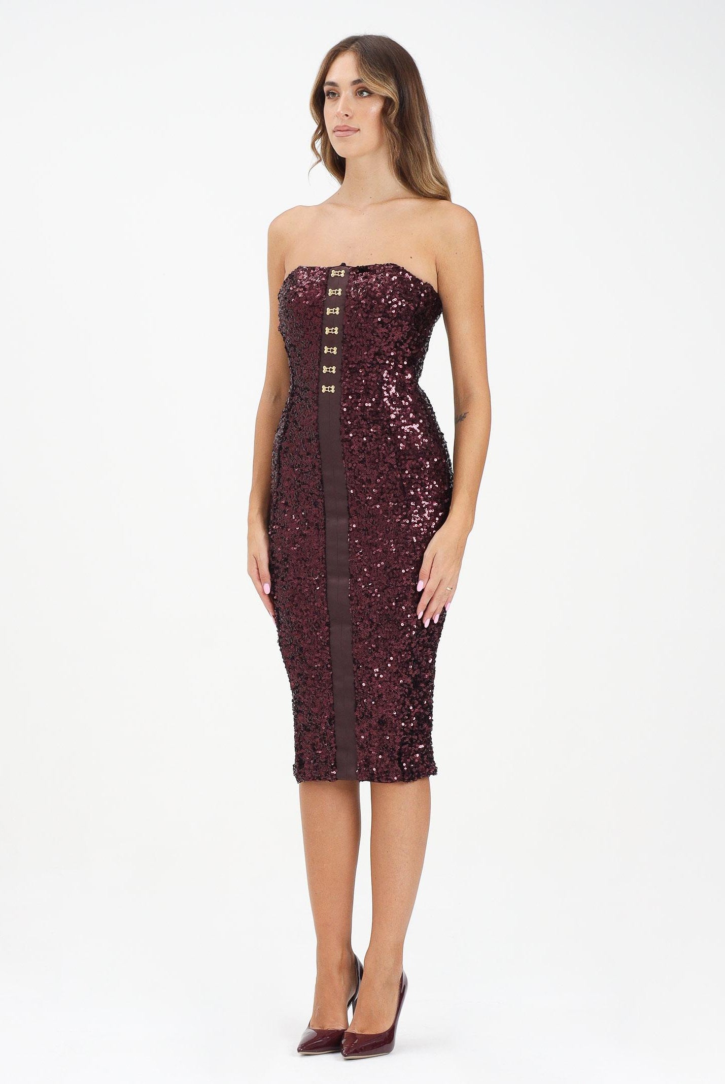 ELISABETTA FRANCHI Abito midi bordeaux da donna completamente ricoperto di paillettes AB88357E2 EA4 ELISABETTA FRANCHI