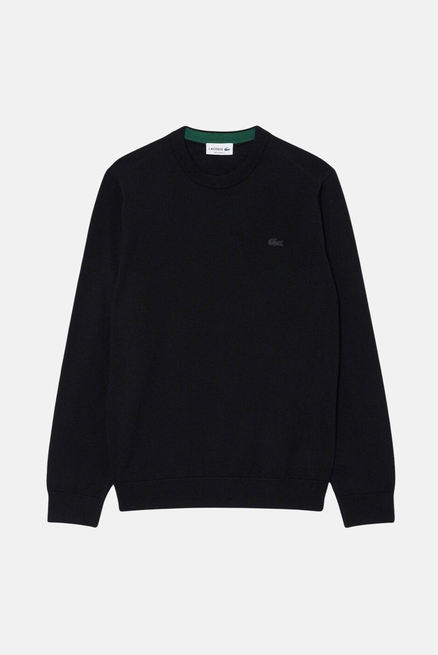 LACOSTE maglione girocollo in lana merino color Nero, nero, da uomo. AH1969 031 LACOSTE