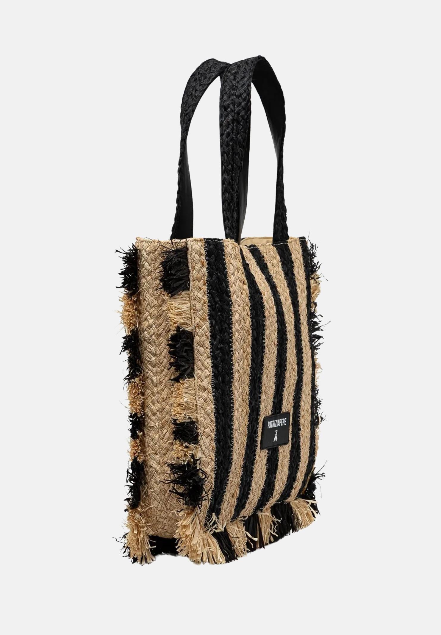 PATRIZIA PEPE Borsa mare da donna caratterizzata da un vivace design a righe verticali nere e beige 2B0135V004 FE22 PATRIZIA PEPE