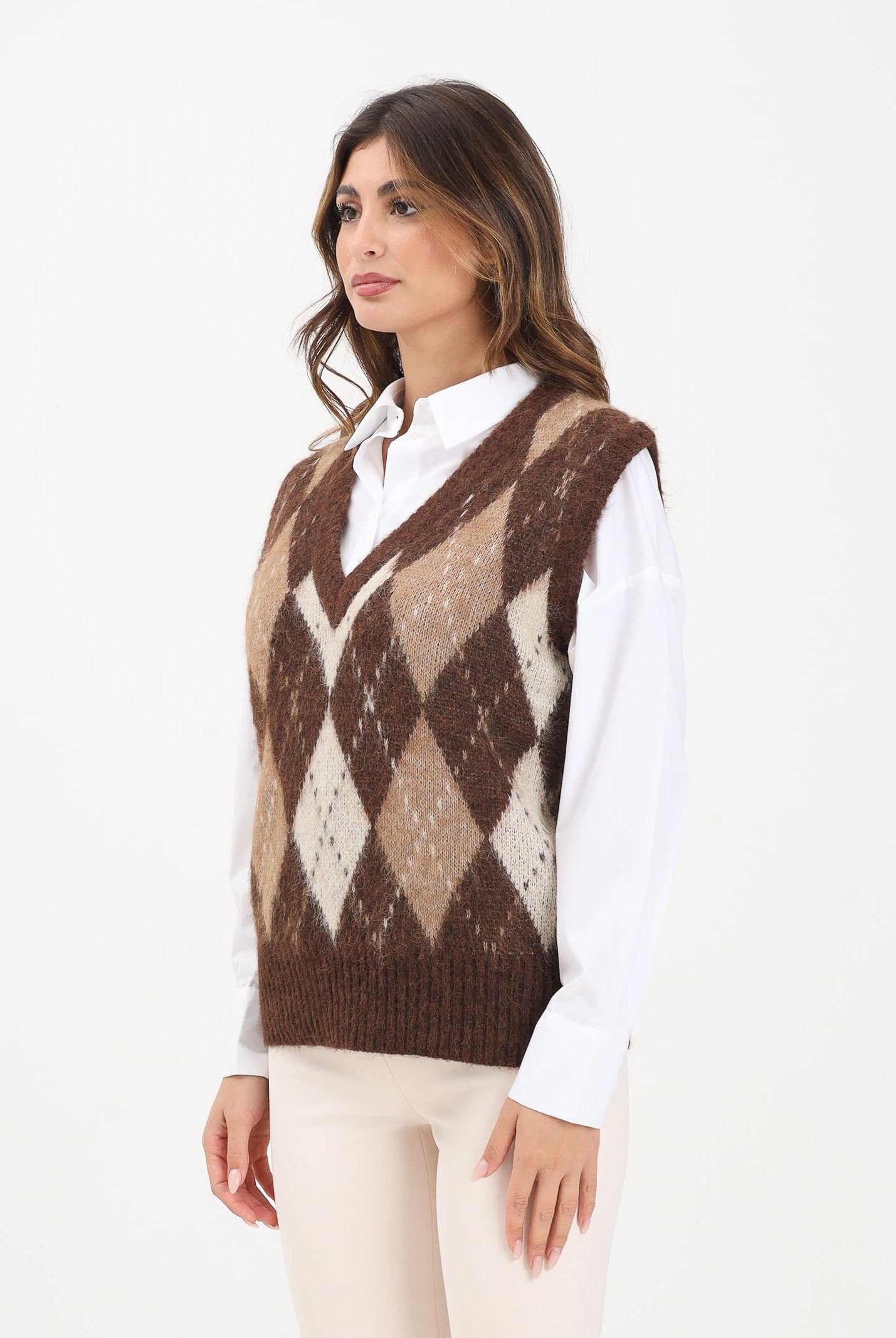 ONLY Gilet da donna con motivo argyle nei toni caldi del marrone, beige e panna 15353229 Chestnut ONLY