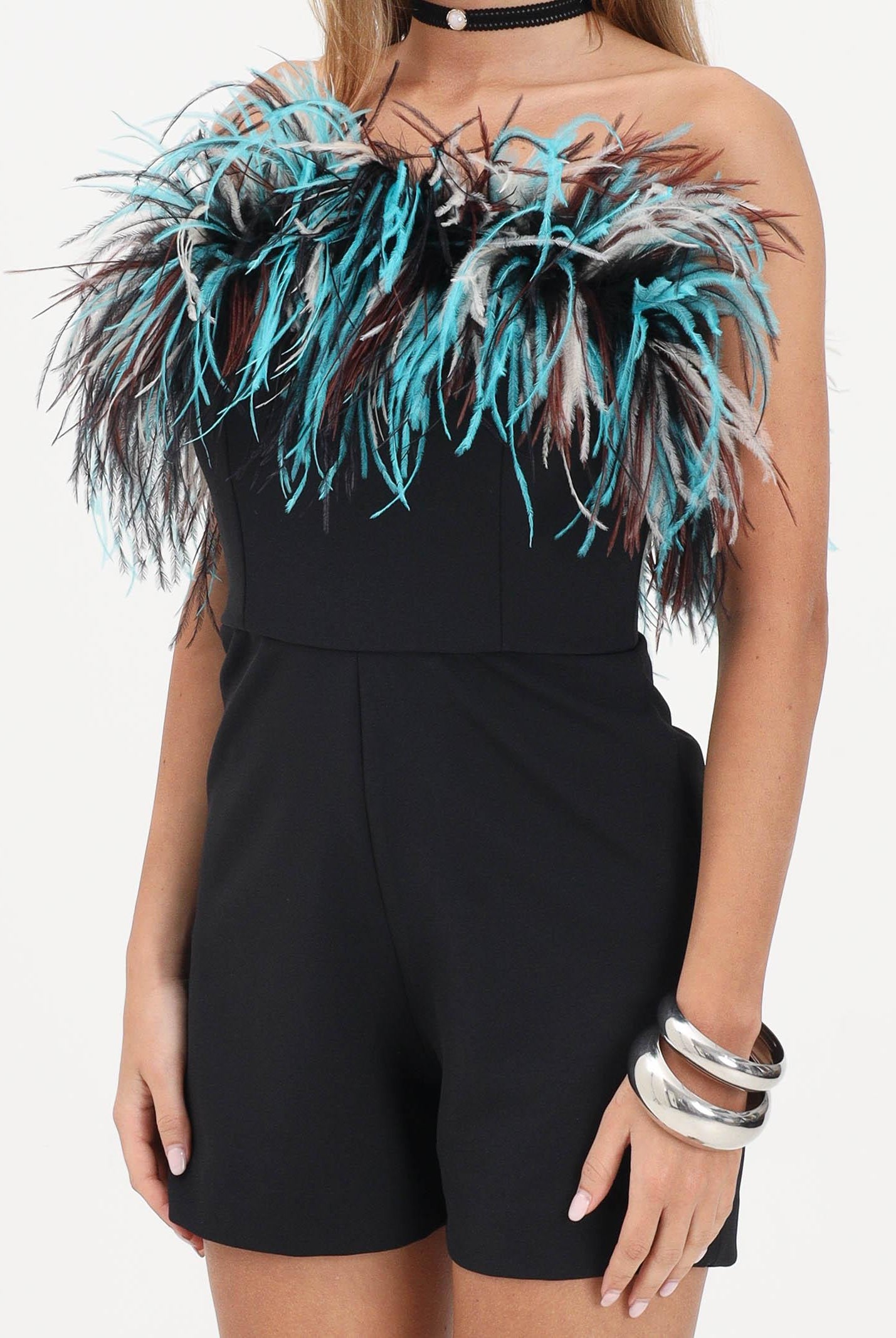 NOELL MAGGINI Tuta corta nera da donna con piume 0626159 NE NOELL MAGGINI
