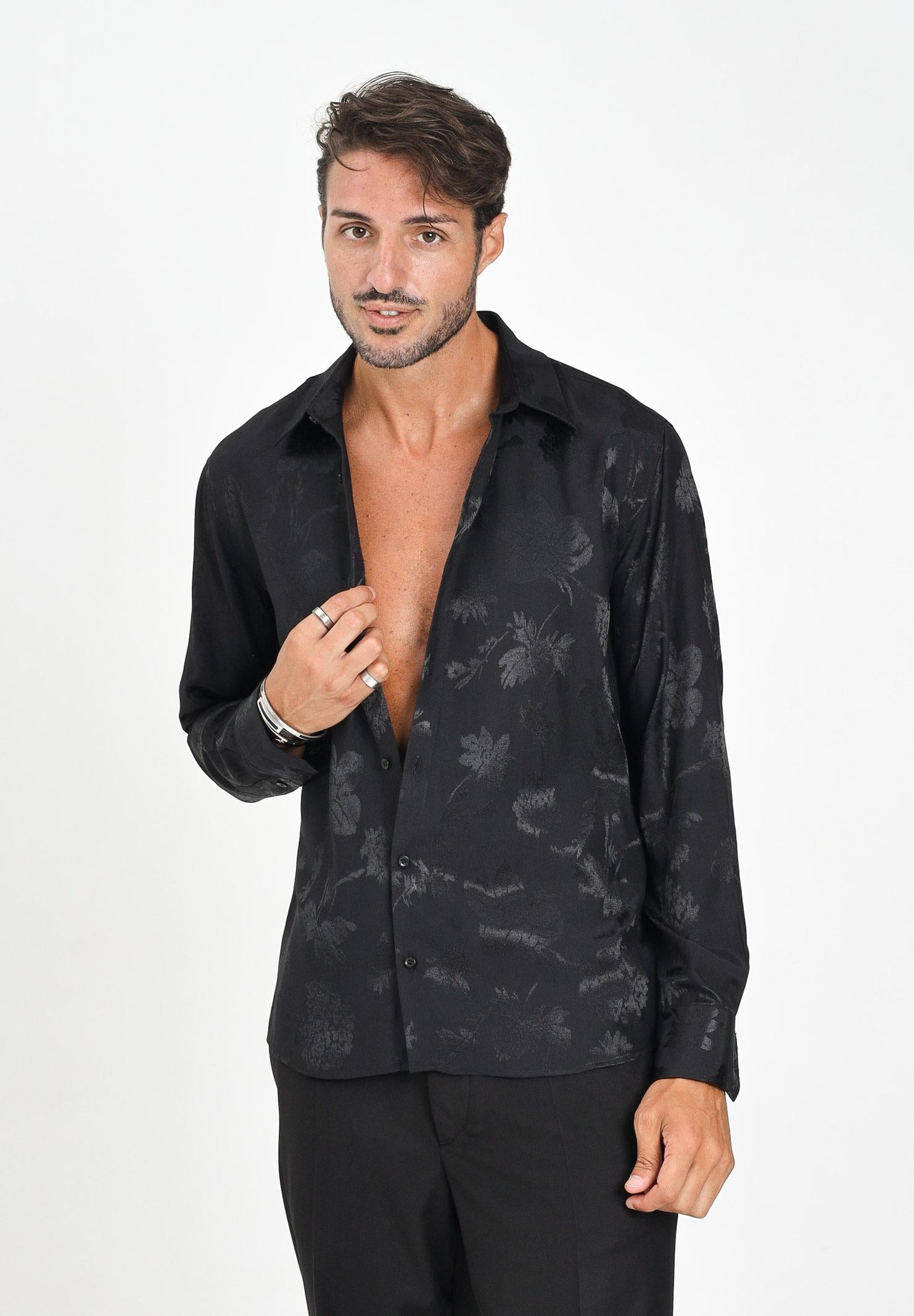 I'M BRIAN Camicia a manica lunga nera da uomo con lavorazione jacquard a motivi floreali CA3427 009 I'M BRIAN