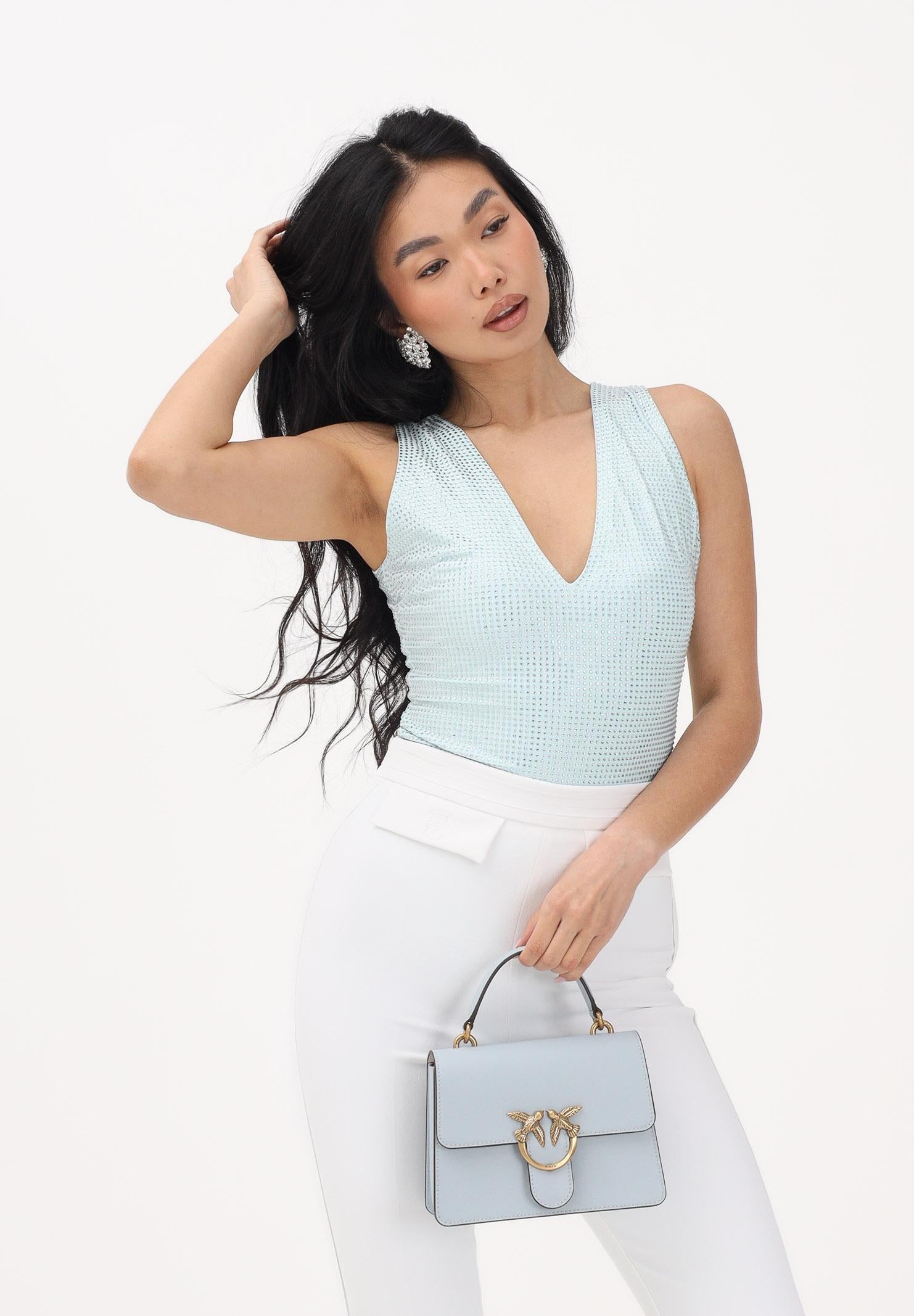 TWENTY FOURHAITCH Body smanicato turchese da donna con scollo a V e strass<BR/> A0072POL62P AR TWENTY FOURHAITCH