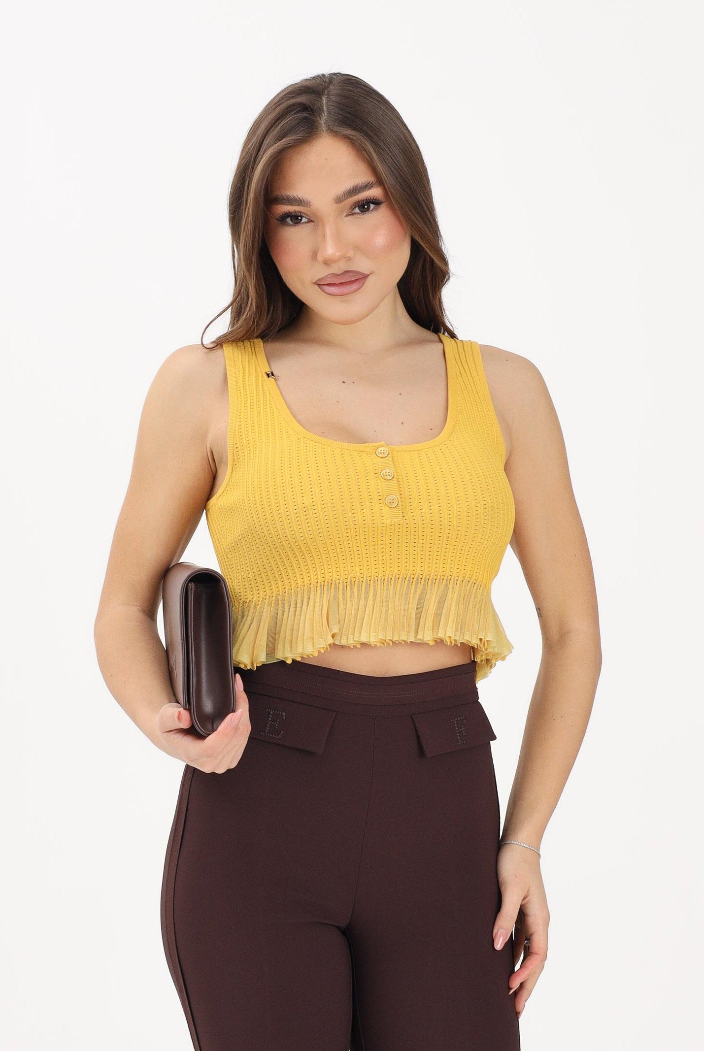 ELISABETTA FRANCHI Canotta gialla da donna in maglia à jour TK74B61E2 EV4 ELISABETTA FRANCHI