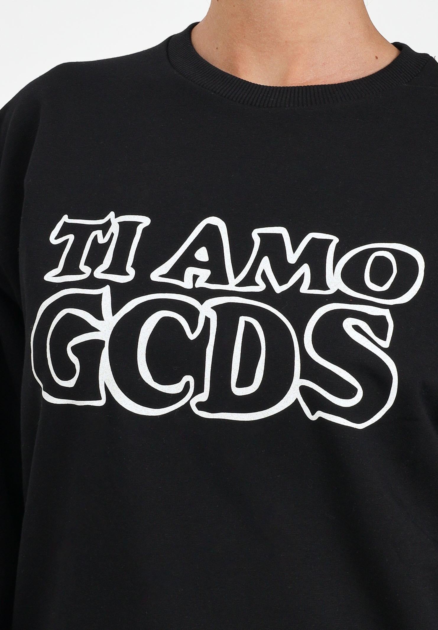 GCDS Felpa girocollo nera per donna e ragazze con stampa in strass B2JW1532BA5 99 GCDS