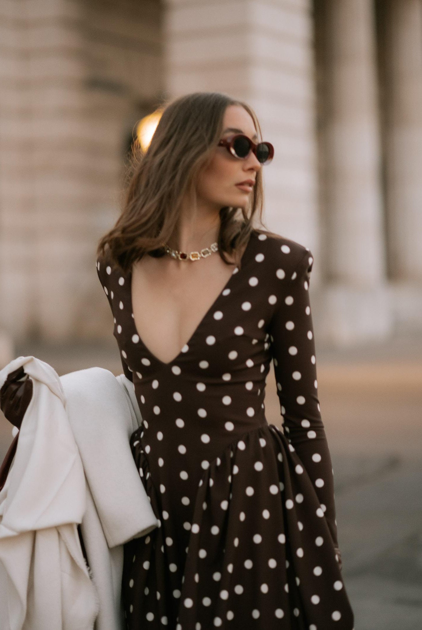 SANTAS Abito midi DOUCEUR marrone da donna con pois panna PV2603 POPA SANTAS