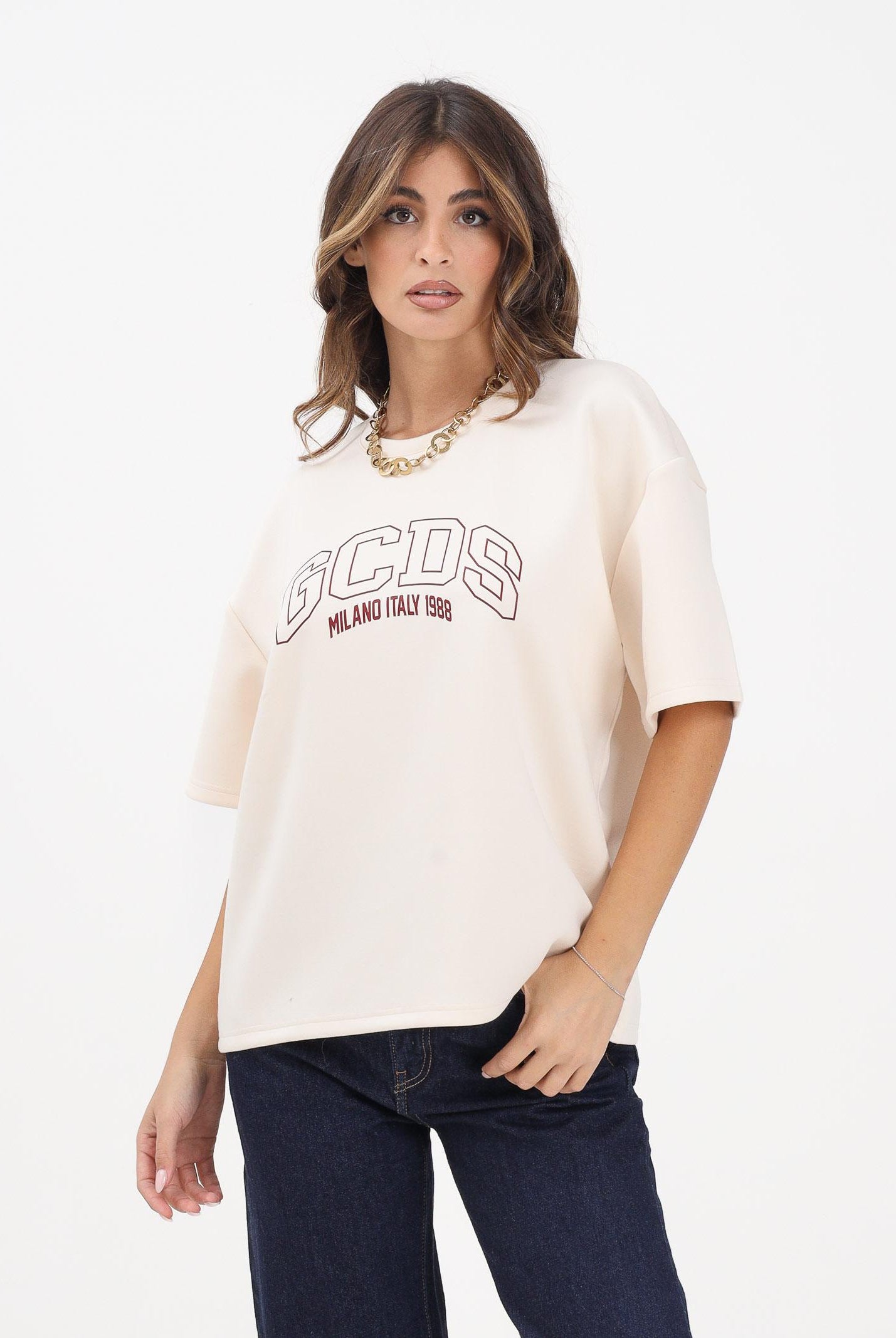 GCDS T-shirt a manica corta panna da donna con stampa logo B2EW2306JJ3 15 GCDS