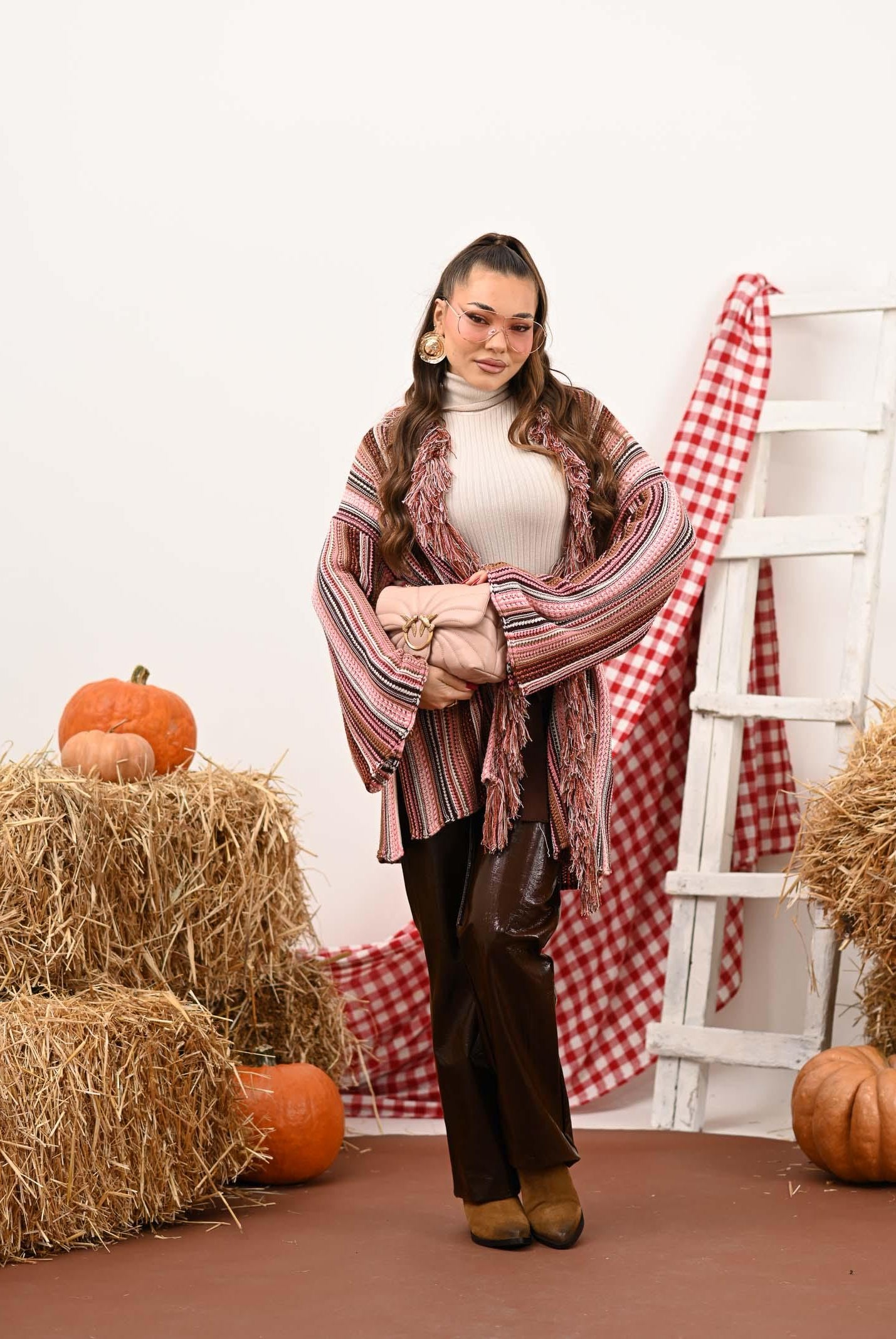 AKEP Kimono rosa da donna in maglia rigata multicolor MGKD11063 V2 AKEP