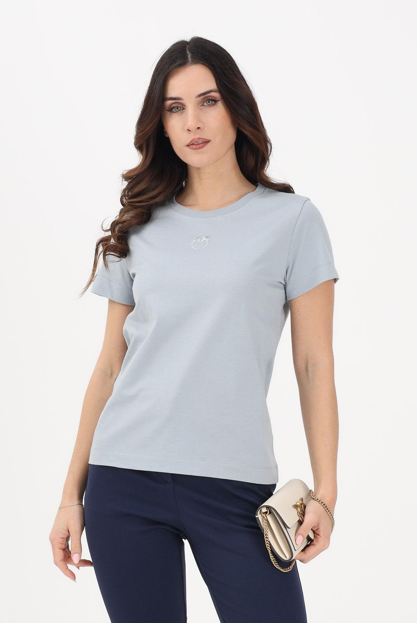 PINKO T-shirt a manica corta azzurro arona da donna con ricamo logo Love Birds 100355A339 E87 PINKO