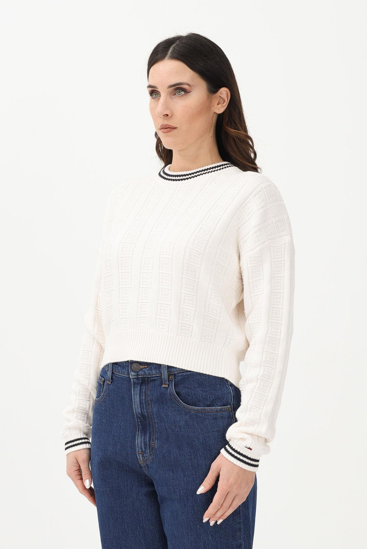 TOMMY JEANS Maglioncino girocollo panna da donna con logo all-over DW0DW22025 YBH TOMMY JEANS