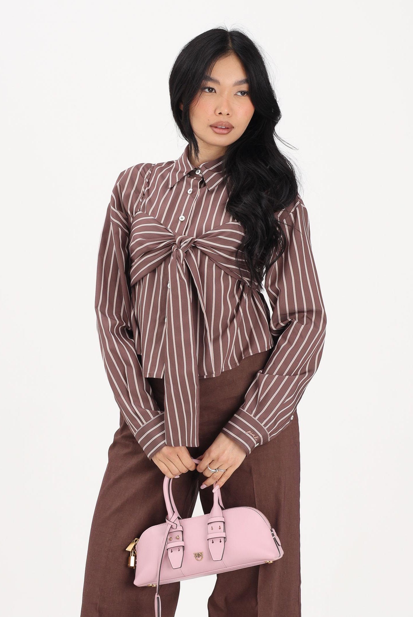 PINKO Camicia a manica lunga marrone da donna con motivo a righe 106672A33Q LN1 PINKO