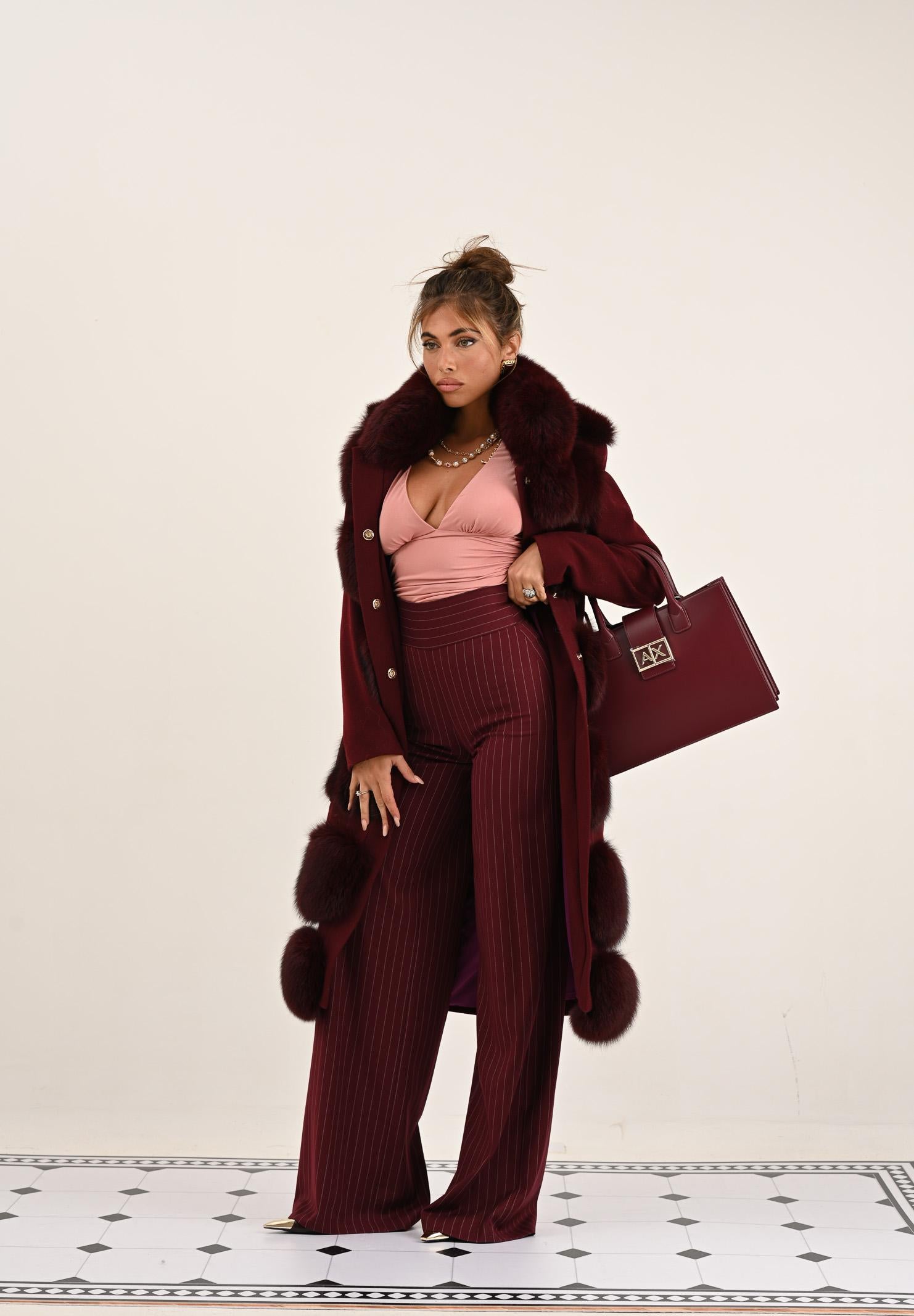 SANTAS Pantalone elegante POUVOIR bordeaux da donna con micro gessatura PV2626 BO SANTAS