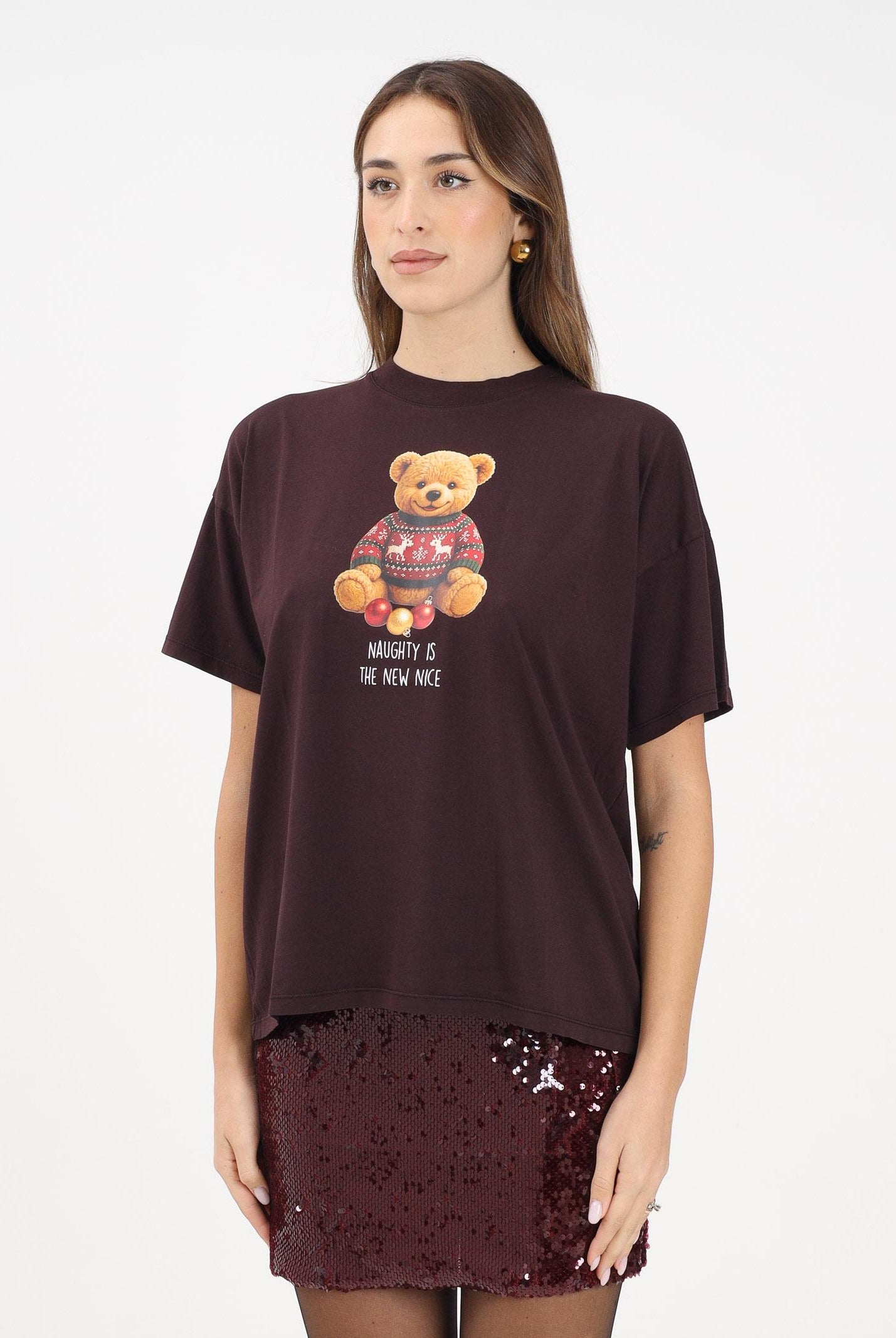 VICOLO T-shirt a manica corta marrone da donna con stampa teddy RF0620 MA VICOLO