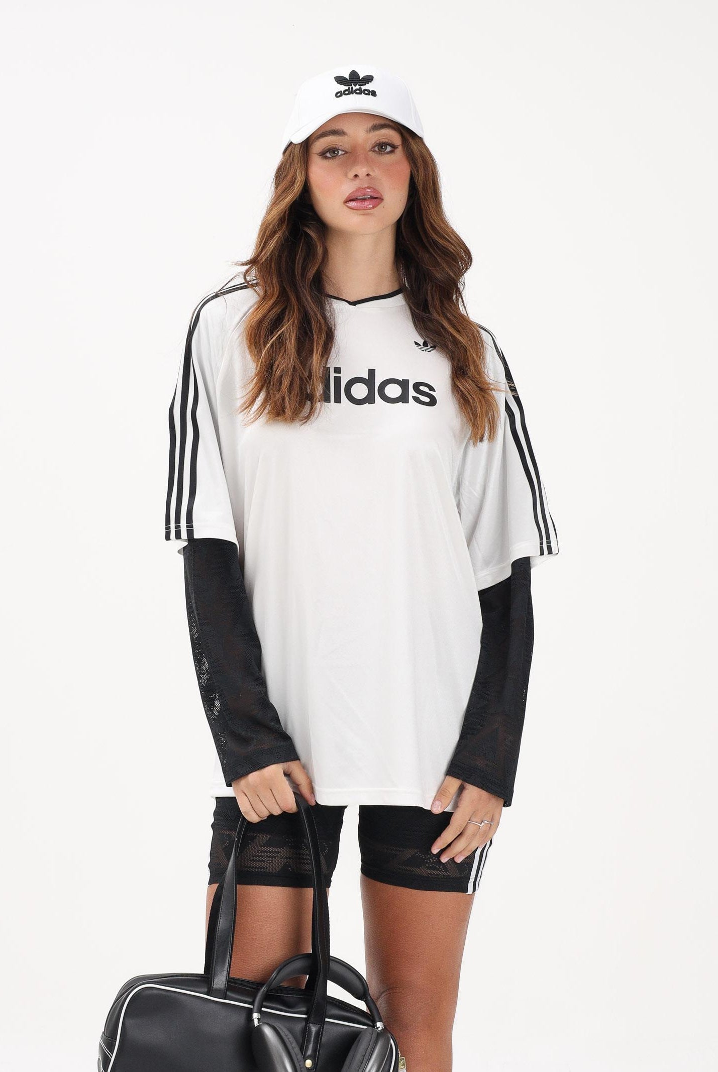 ADIDAS ORIGINALS T-shirt a manica lunga LACE bianca e nera da donna KC8140 . ADIDAS ORIGINALS