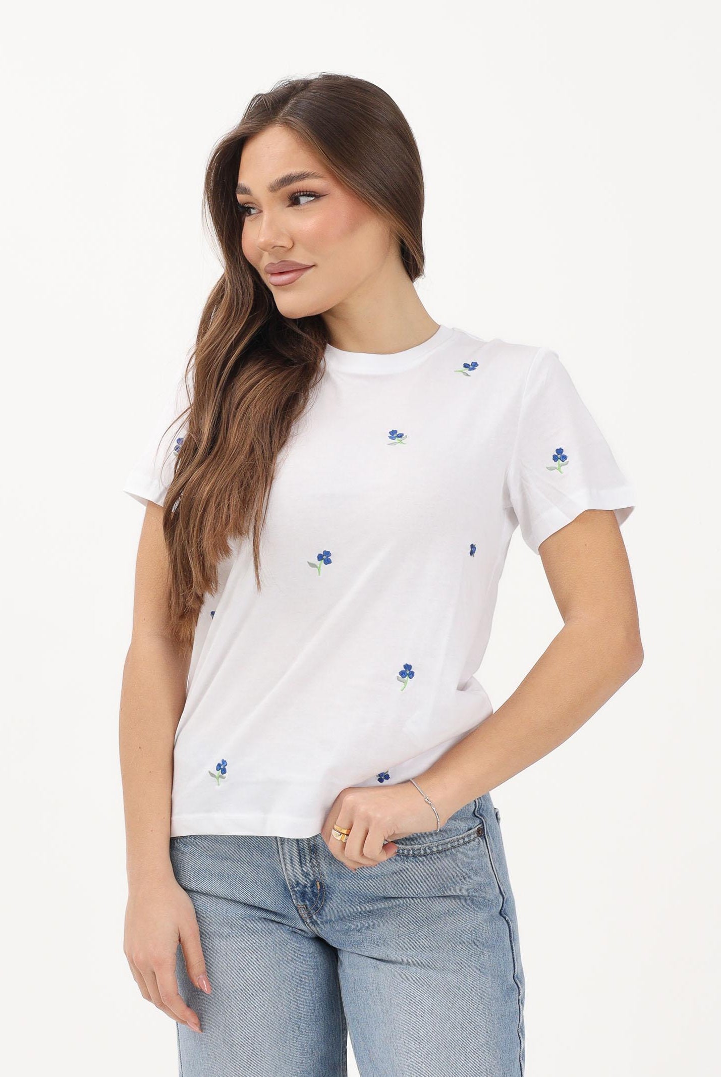 ONLY T-shirt a manica corta bianca da donna con ricamo fiori 15288473 BRWITR ONLY