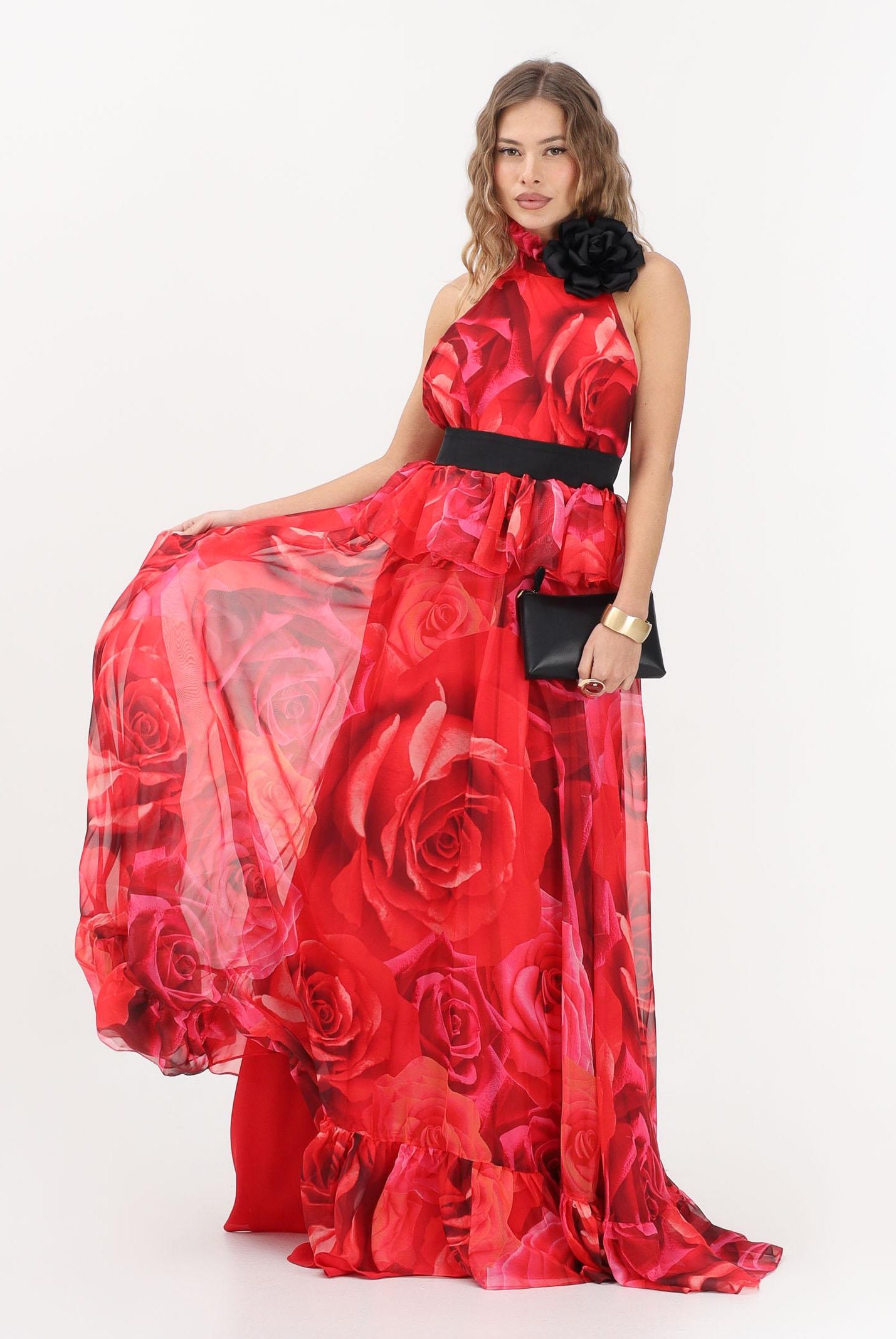 SHIT Abito lungo rosso da donna con stampa all-over di maxi rose SH26054 RERO SHIT