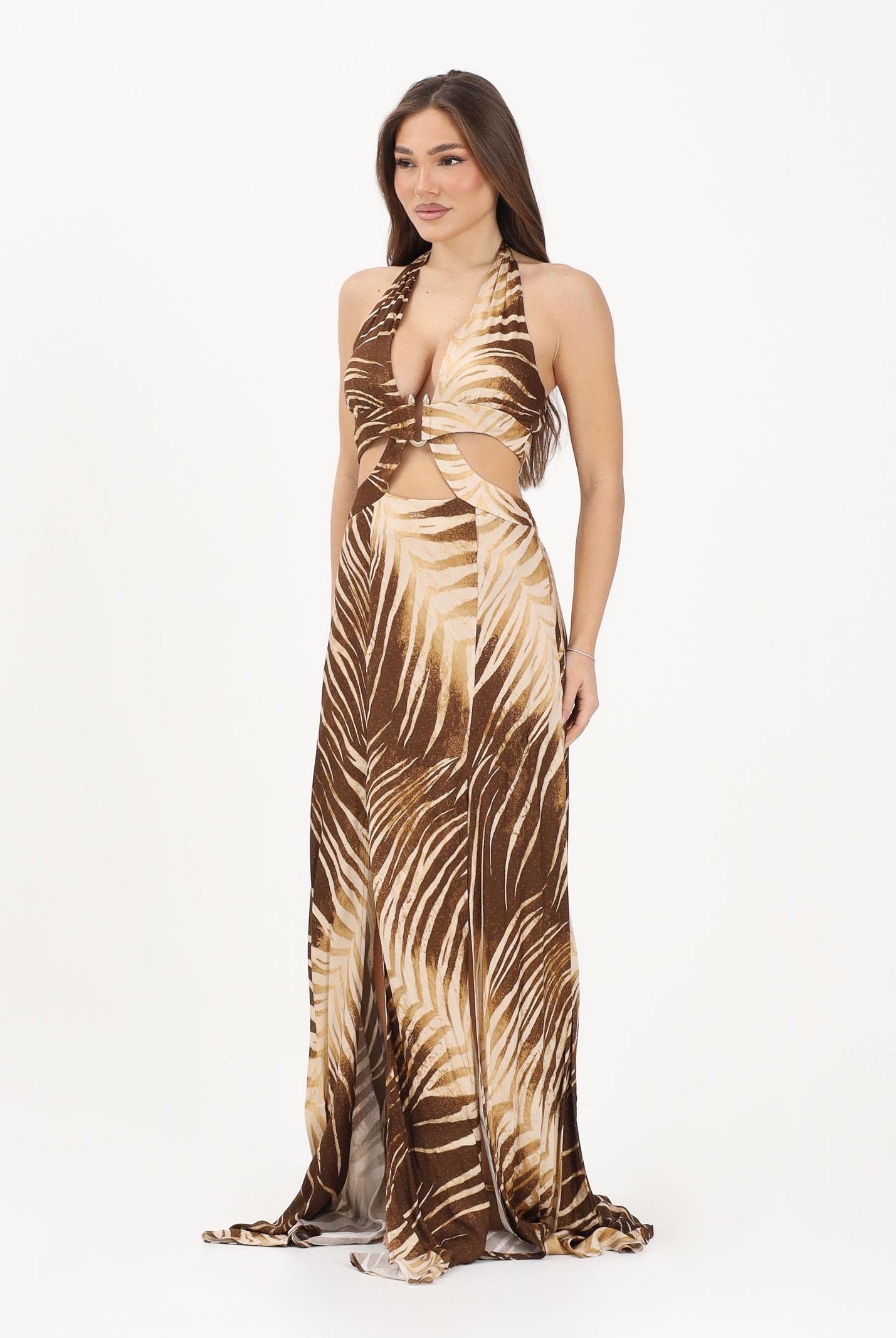 JUST CAVALLI Abito lungo beige e marrone da donna con stampa di foglie 80PAO919NS819 751 JUST CAVALLI