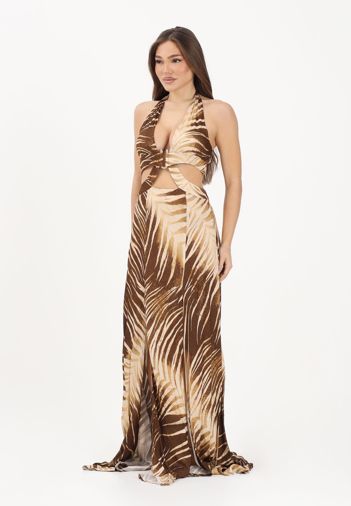 JUST CAVALLI Abito lungo beige e marrone da donna con stampa di foglie 80PAO919NS819 751 JUST CAVALLI