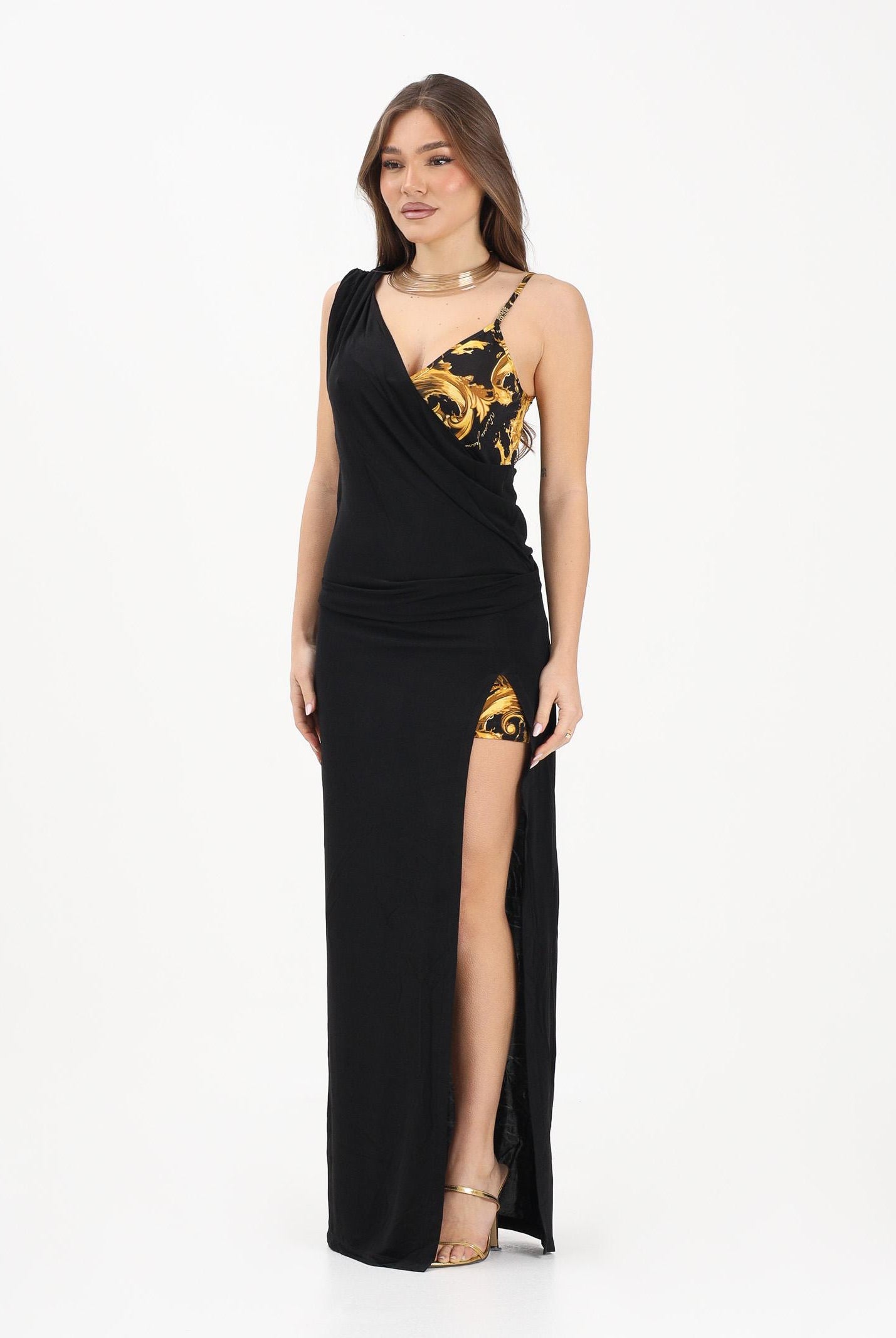 VERSACE JEANS COUTURE Abito lungo nero da donna con inserto a fantasia Wave Couture 80HAO912JS533 G89 VERSACE JEANS COUTURE