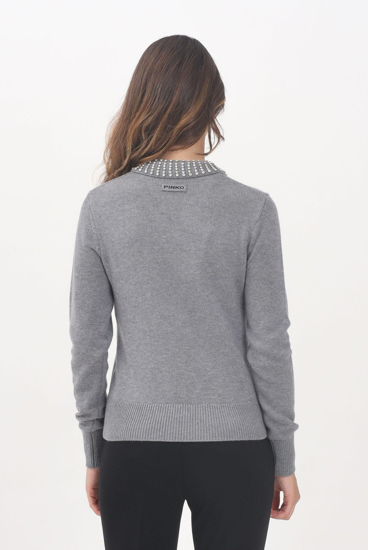 PINKO Maglioncino grigio da donna con colletto impreziosito da pietre gioiello 105530A2S4 II2 PINKO