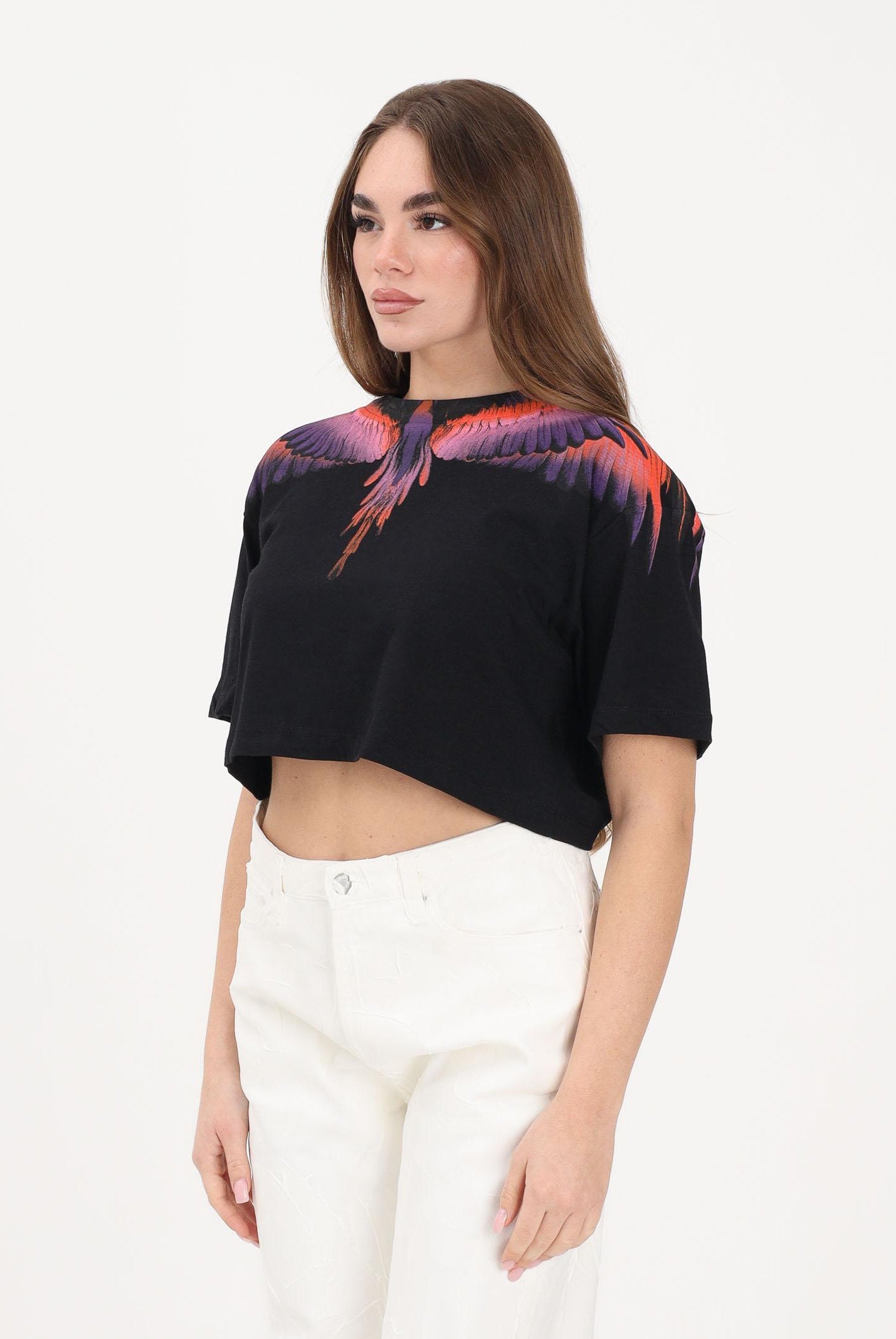 MARCELO BURLON COUNTY OF MILAN T-shirt a manica corta nera da donna con stampa ali e taglio crop 26ECM30122 NEVIAR MARCELO BURLON COUNTY OF MILAN