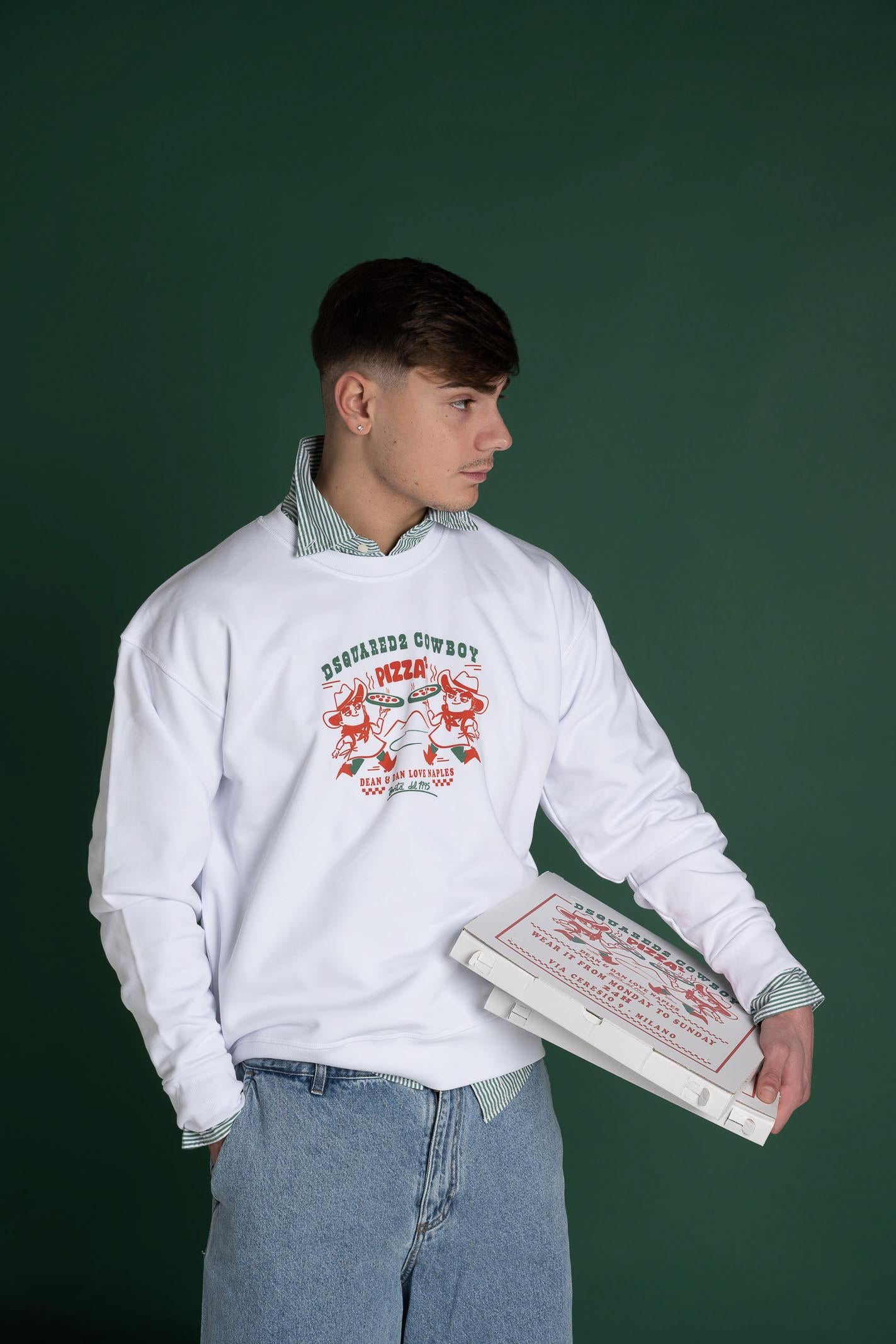 DSQUARED2 Felpa girocollo bianca per donna, ragazzi e bambini con grafica Cowboy Pizza DQ2977D0094 DQ100 DSQUARED2