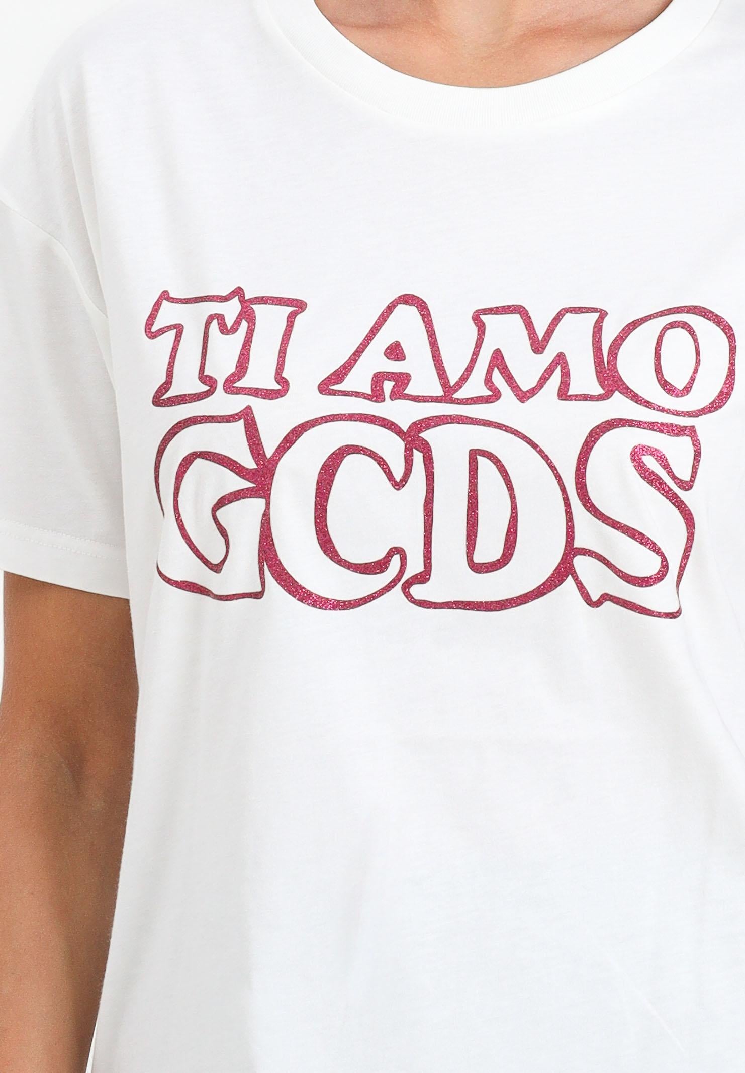 GCDS T-shirt a manica corta bianca per donna e bambina con stampa glitterata TI AMO GCDS B2JW2335BA3 15 GCDS