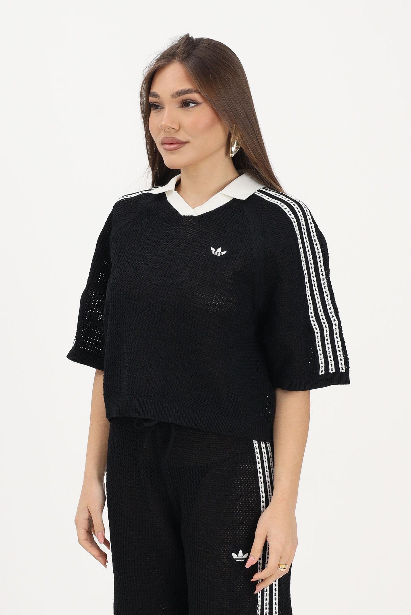 ADIDAS ORIGINALS Polo a manica corta KNITTED CROCHET nera da donna KC6491 . ADIDAS ORIGINALS