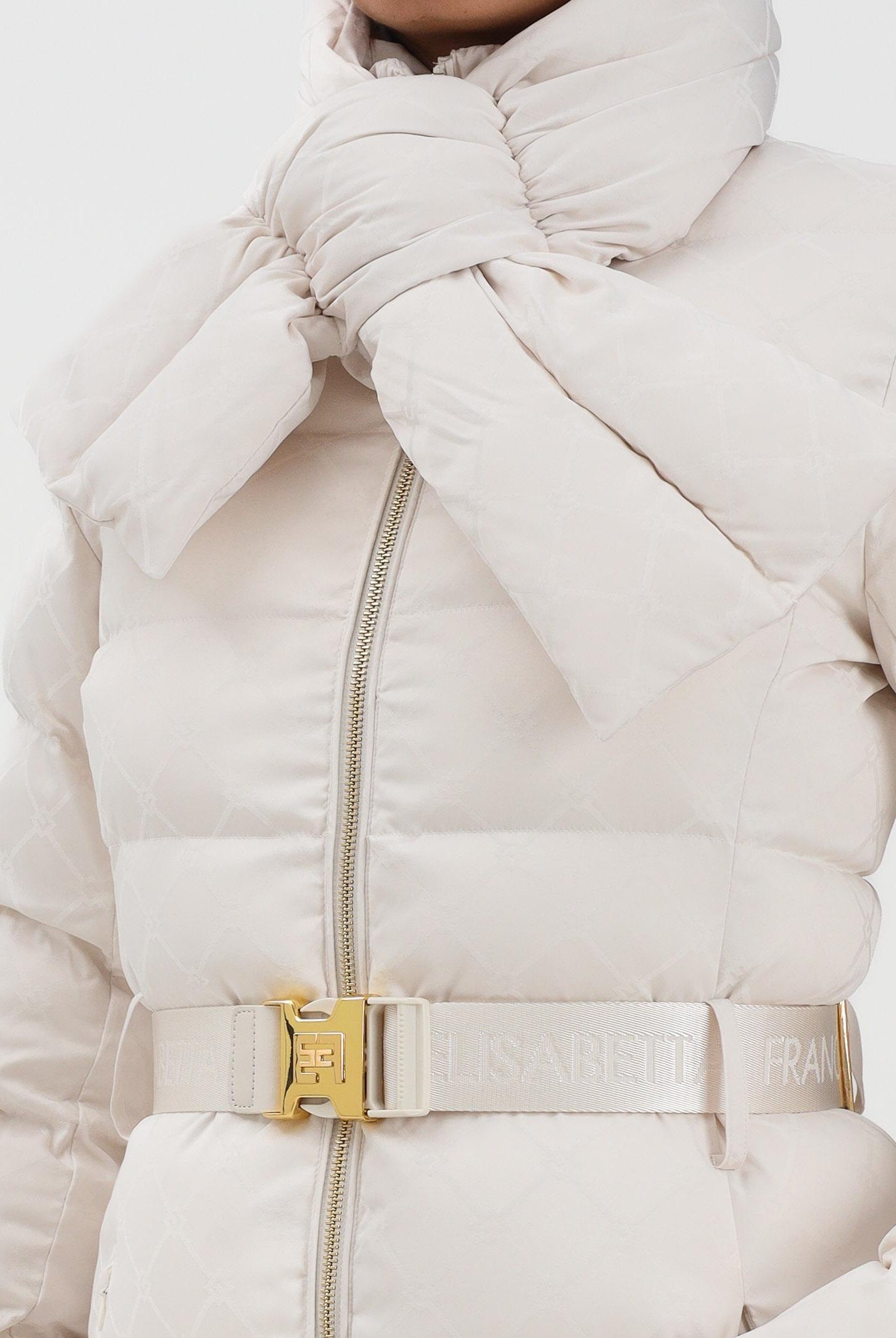 ELISABETTA FRANCHI Piumino lungo panna da donna in tessuto vela jacquard PI84D56E2 DZ9 ELISABETTA FRANCHI