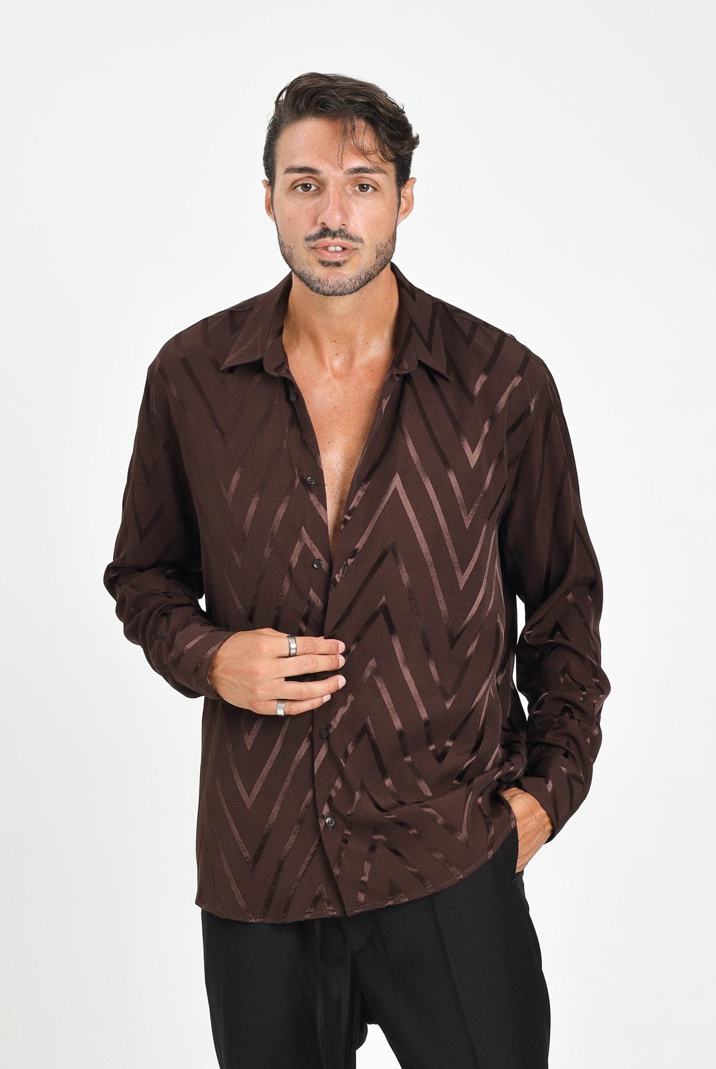 I'M BRIAN Camicia a manica lunga marrone da uomo con fantasia zig-zag CA3426 020 I'M BRIAN