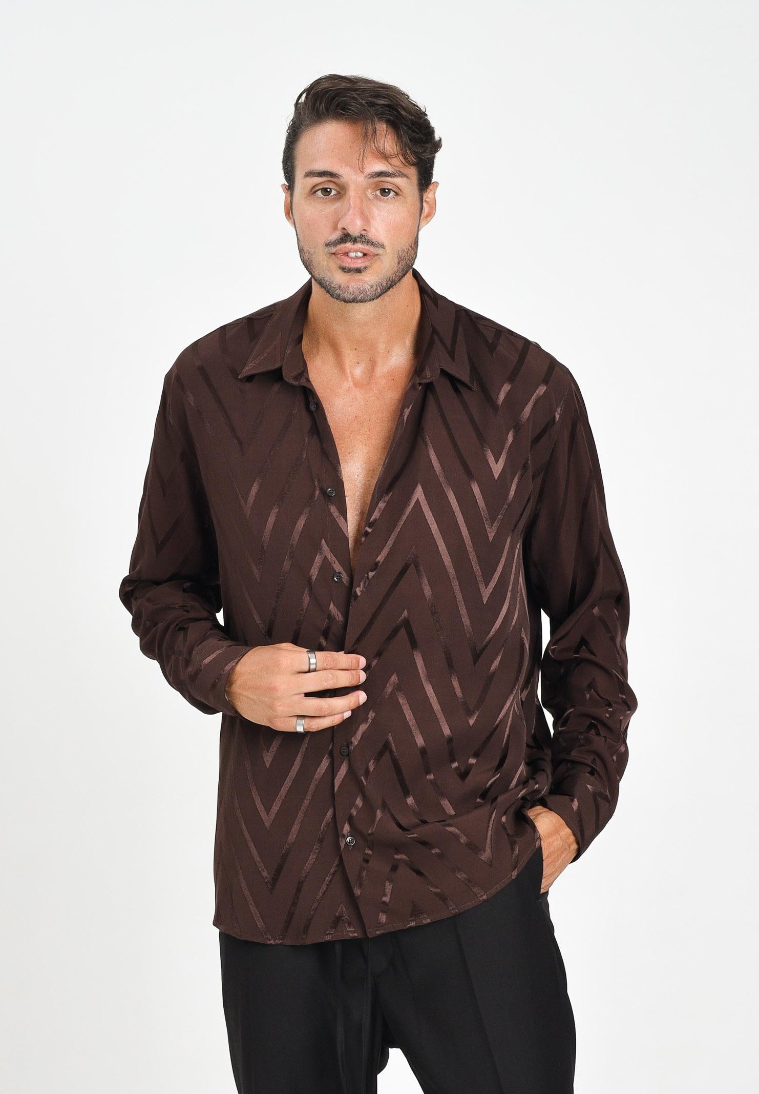 I'M BRIAN Camicia a manica lunga marrone da uomo con fantasia zig-zag CA3426 020 I'M BRIAN