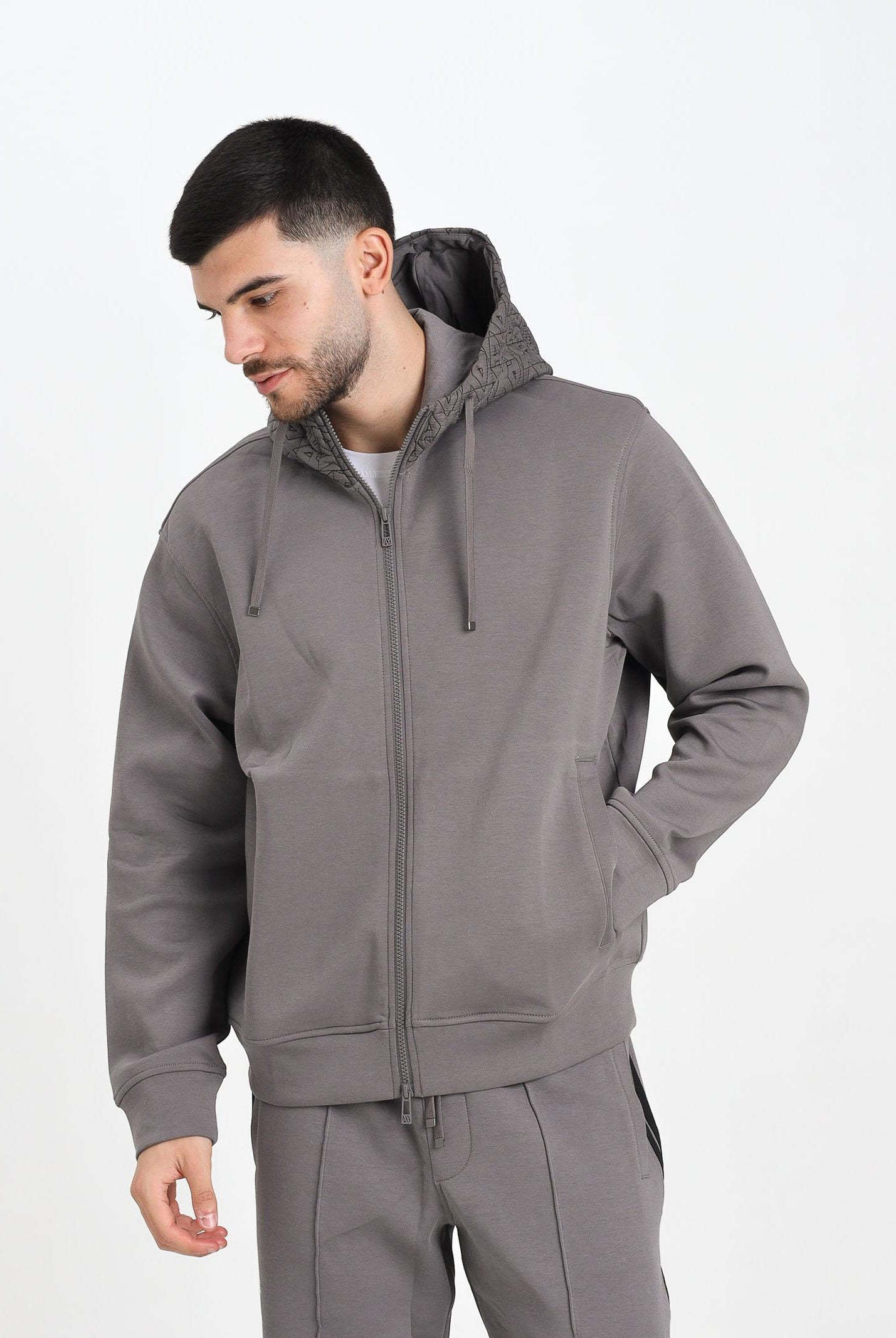 ARMANI EXCHANGE Felpa con zip grigia da uomo caratterizzata da cappuccio logato XM001891AF10818 U8092 ARMANI EXCHANGE