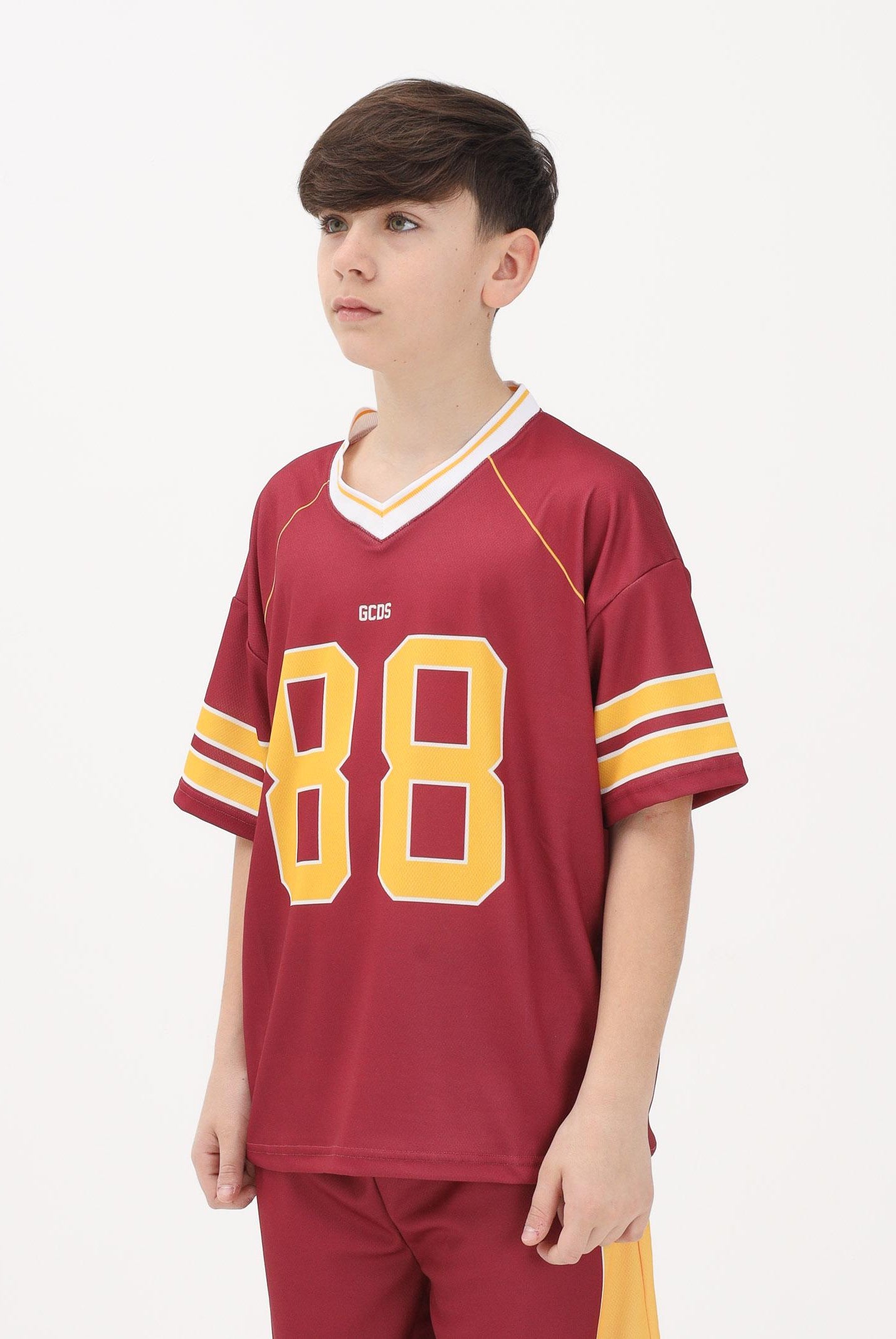 GCDS T-shirt a manica corta bordeaux per donna, ragazzi e bambini stile college C1BJQC709J338 468Y GCDS