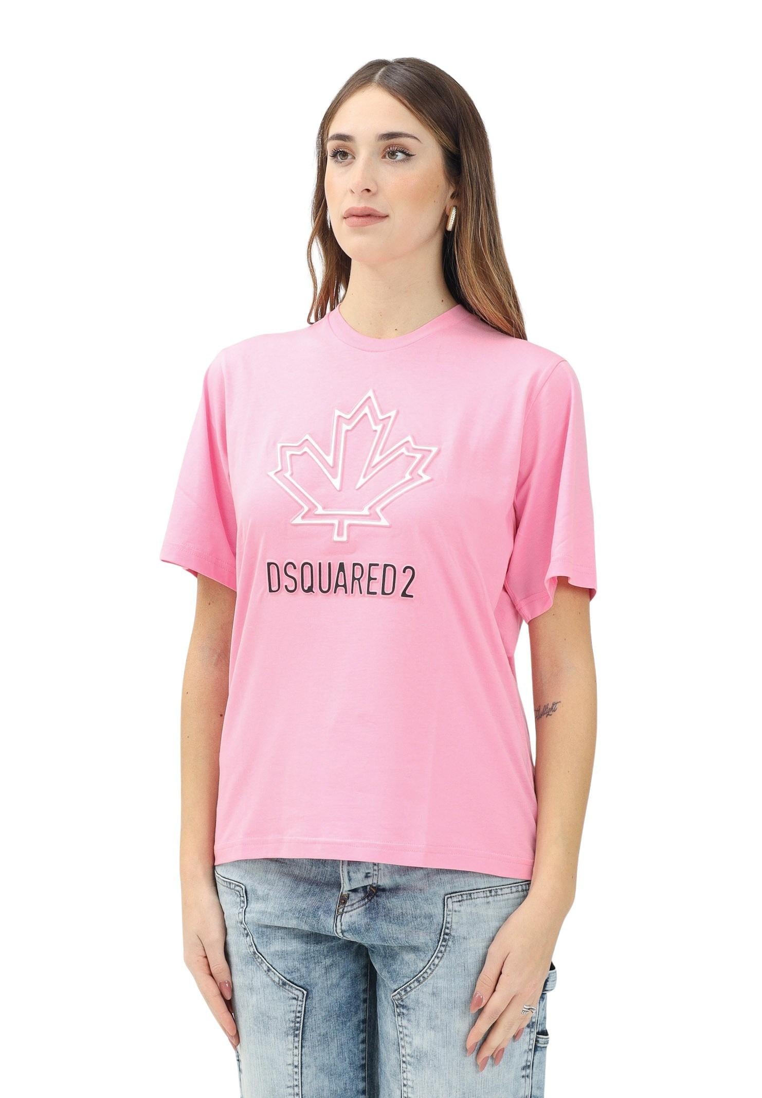 DSQUARED2 T-shirt a manica corta rosa per donna e bambina con logo Maple Leaf DQ2770D0015 DQ321 DSQUARED2