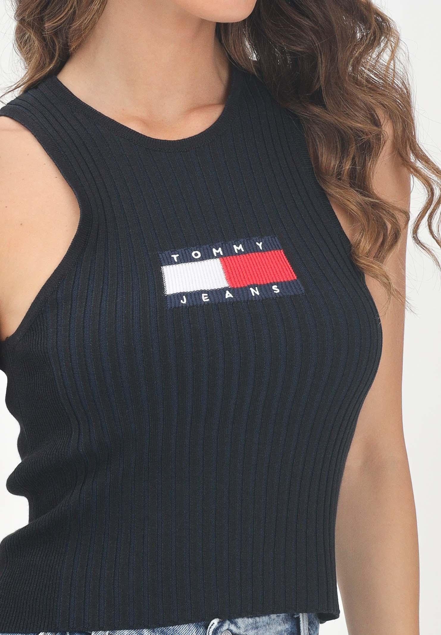 TOMMY JEANS Canotta nera da donna stile vogatore a coste DW0DW20975BDS TOMMY JEANS