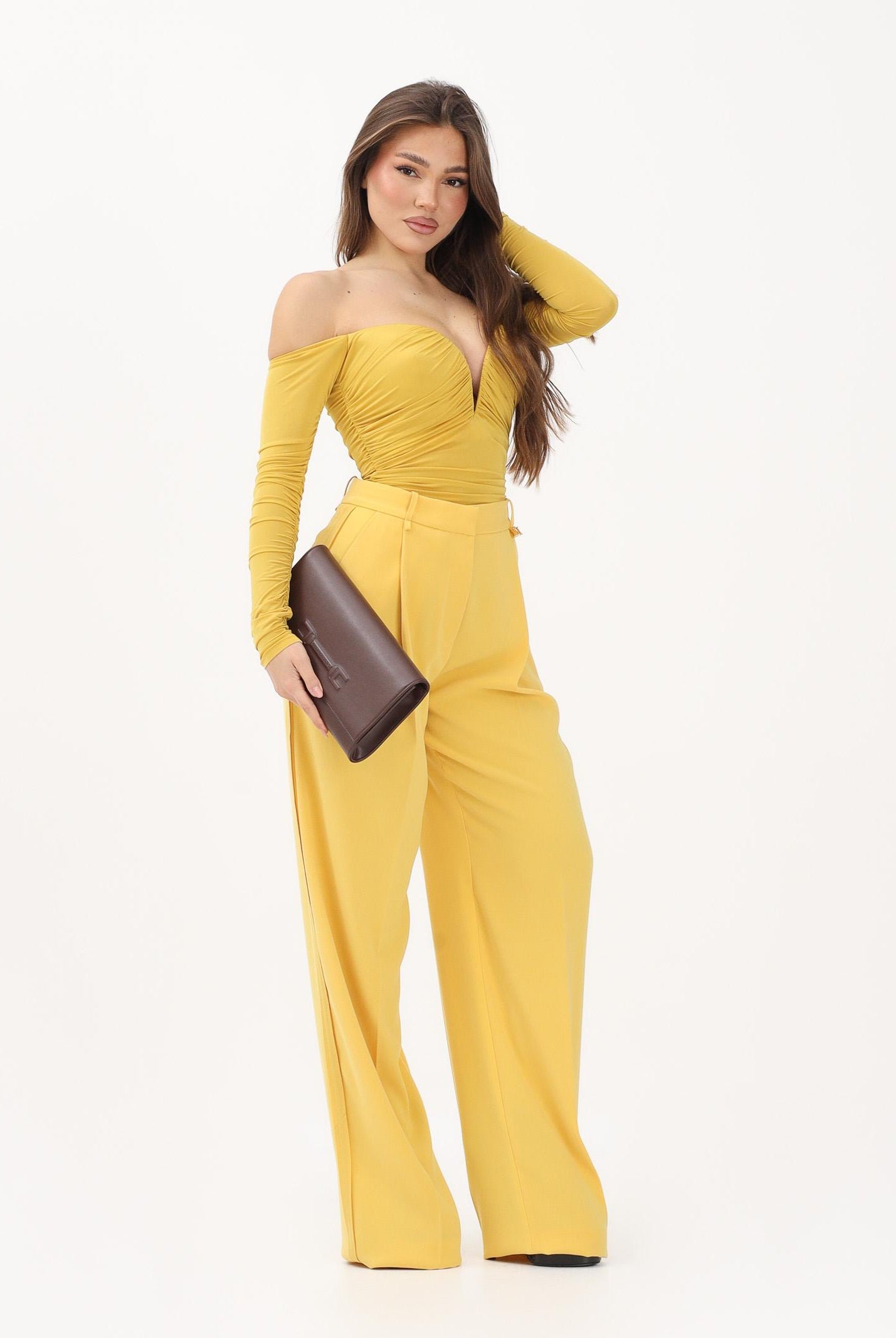 ELISABETTA FRANCHI Pantalone elegante giallo da donna con logo charm PA16761E2 EV4 ELISABETTA FRANCHI
