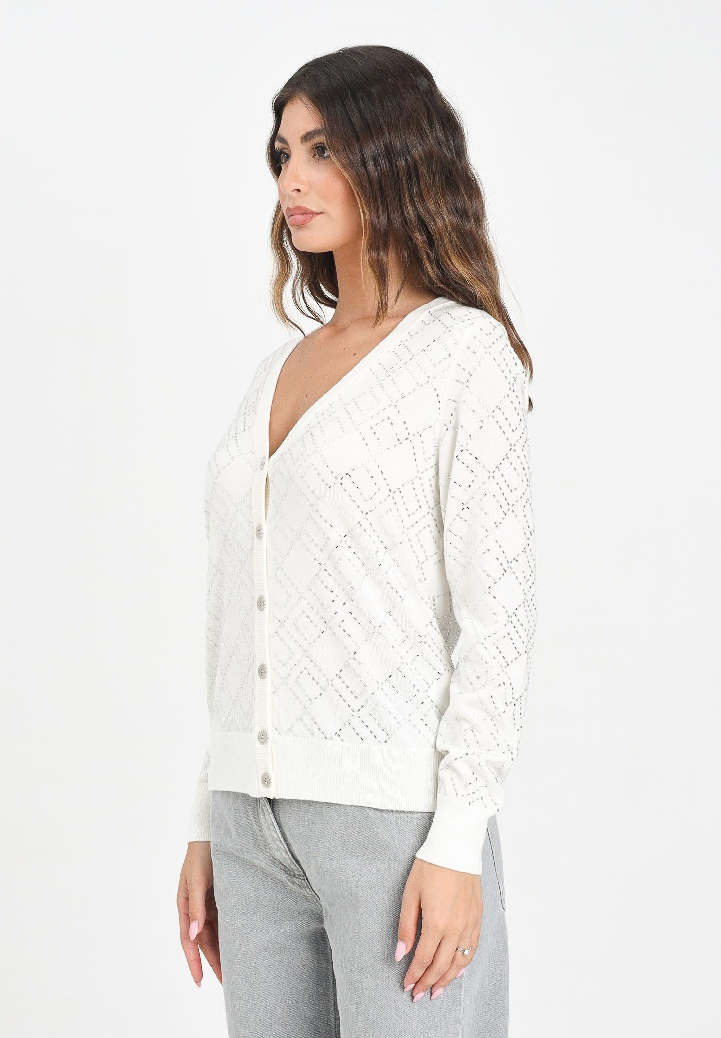 ELISABETTA FRANCHI Cardigan bianco latte da donna con cristalli<BR/> MK26B56E2 EH9 ELISABETTA FRANCHI