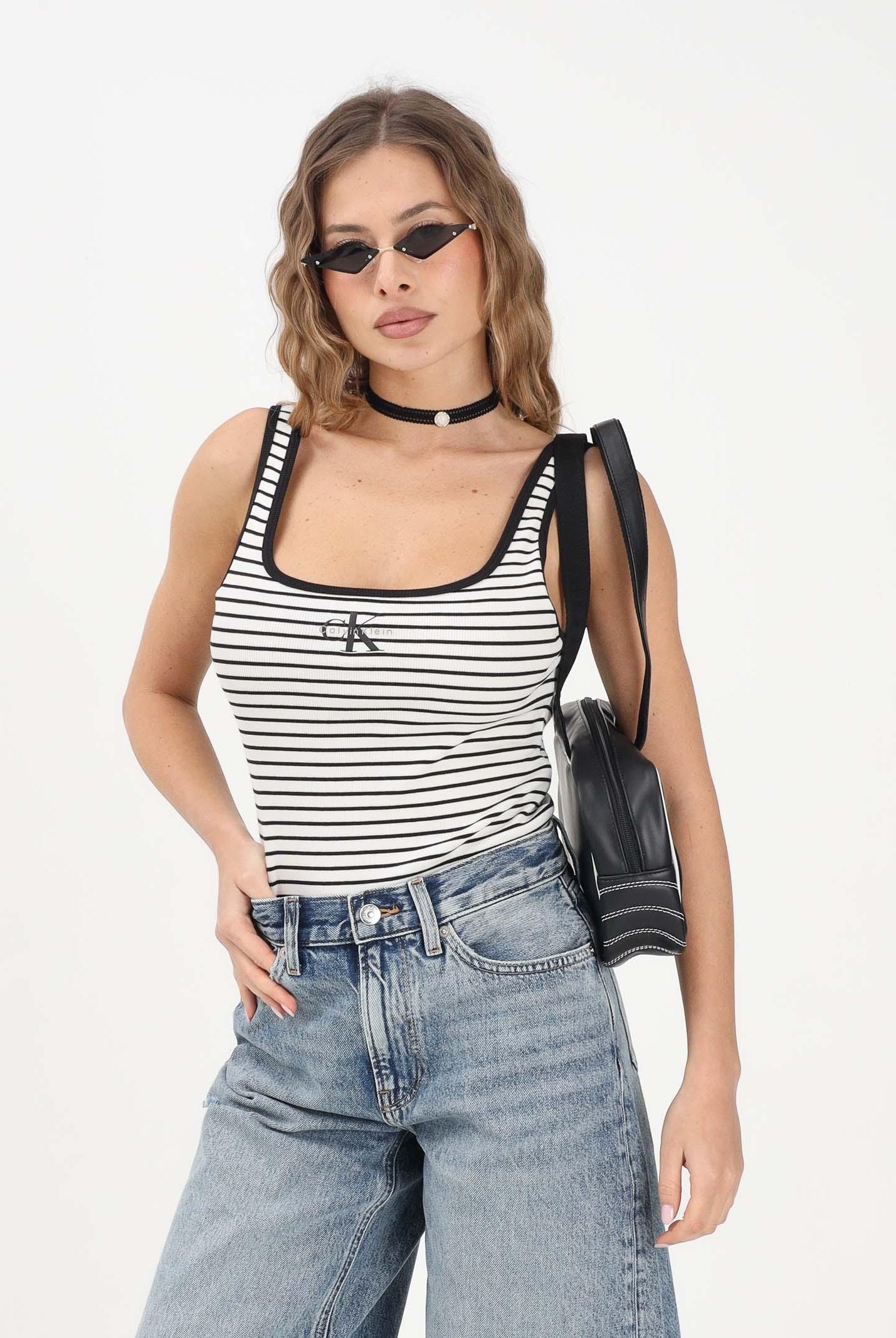 CALVIN KLEIN JEANS Canotta bianca e nera da donna a righe con logo LV047F832G XDY CALVIN KLEIN JEANS